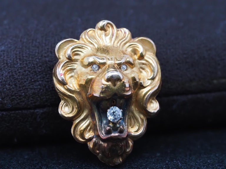 Broche Vintage Or Jaune 14 Carats Diamant Rubis Tête De Lion 7,6 G - Occasion