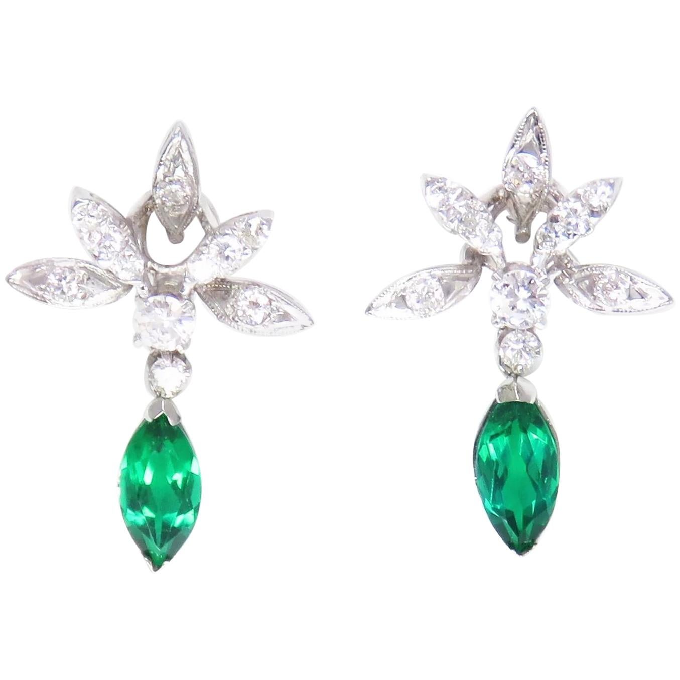 Estate Vintage 14 Karat Gold Emerald VS Diamond Dangle Earrings