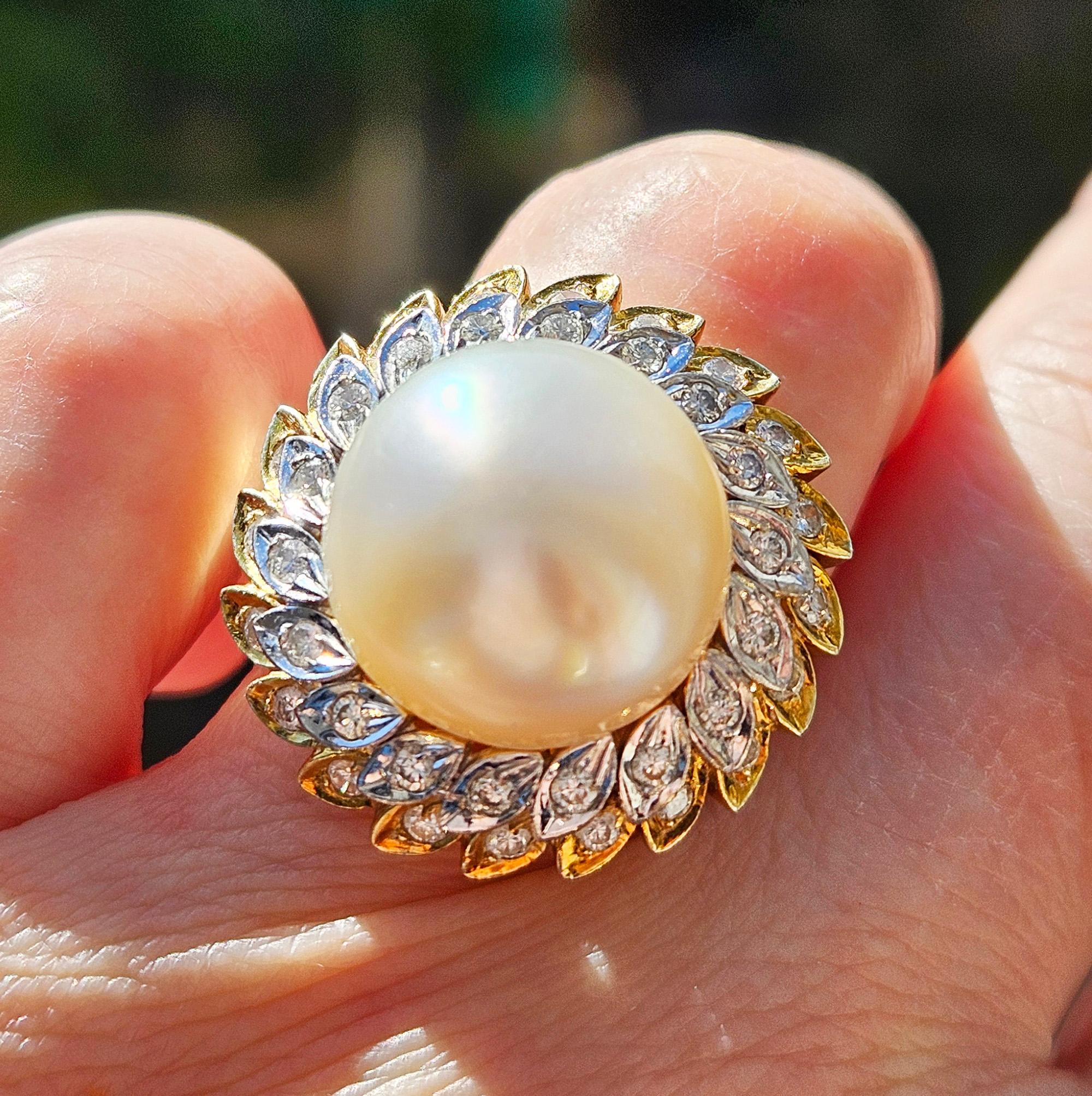 Estate Vintage 14.40mm South Sea Pearl 0.50ct Diamond 14k White Yellow Gold Ring For Sale 4