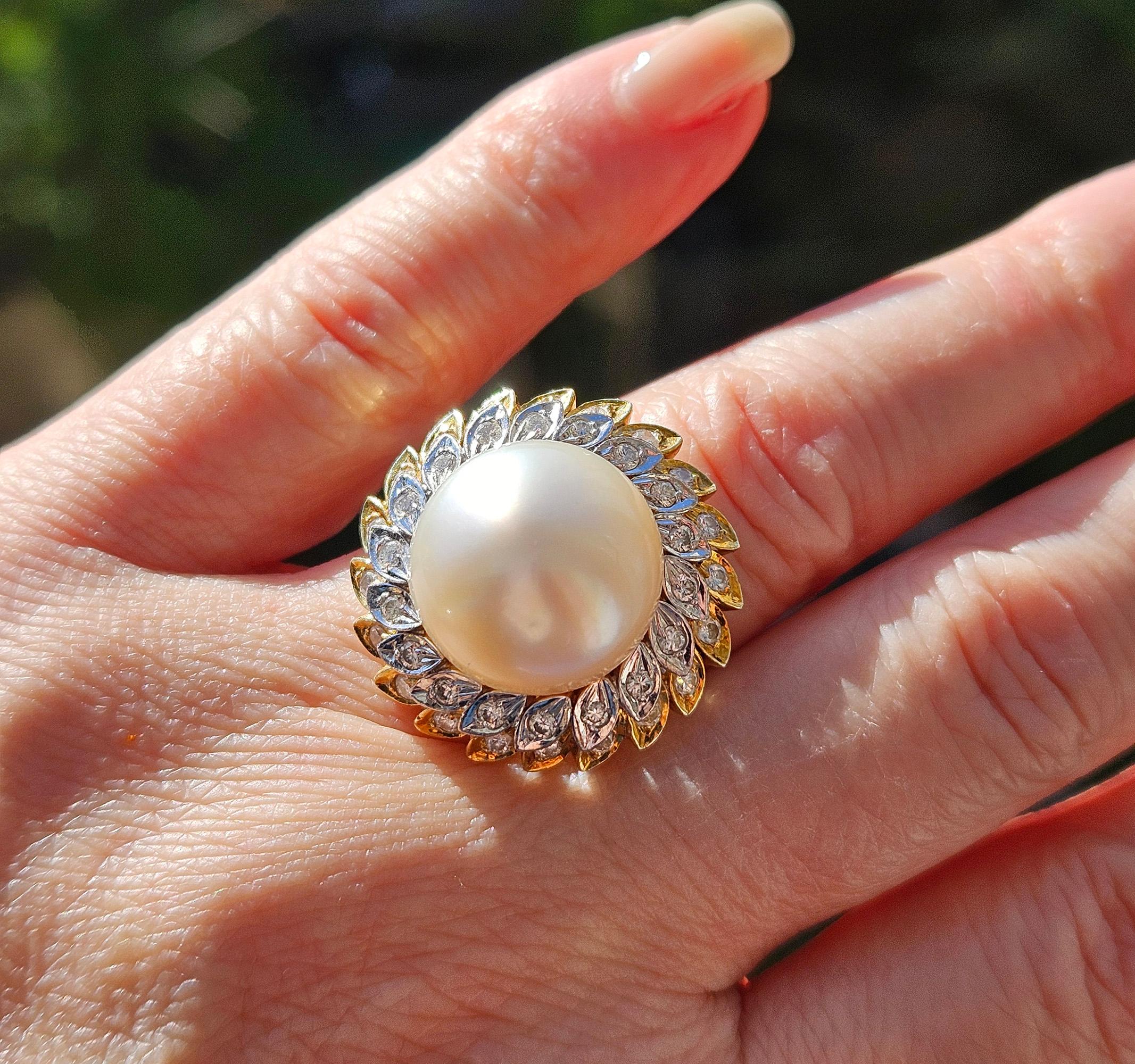 Estate Vintage 14.40mm South Sea Pearl 0.50ct Diamond 14k White Yellow Gold Ring For Sale 5