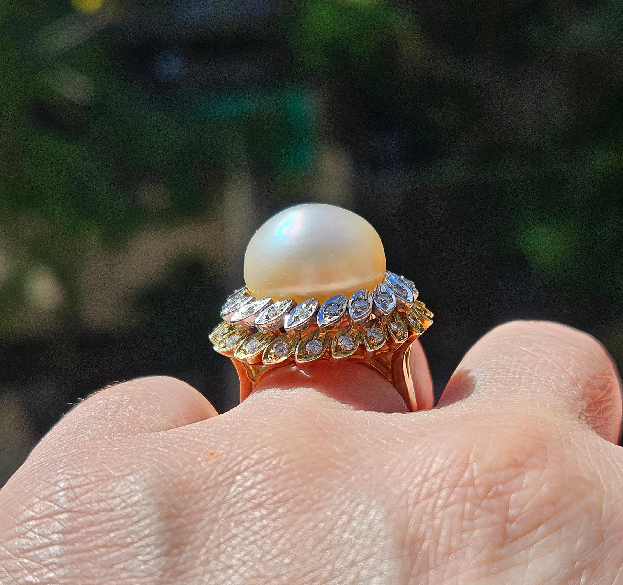 Estate Vintage 14.40mm South Sea Pearl 0.50ct Diamond 14k White Yellow Gold Ring For Sale 6