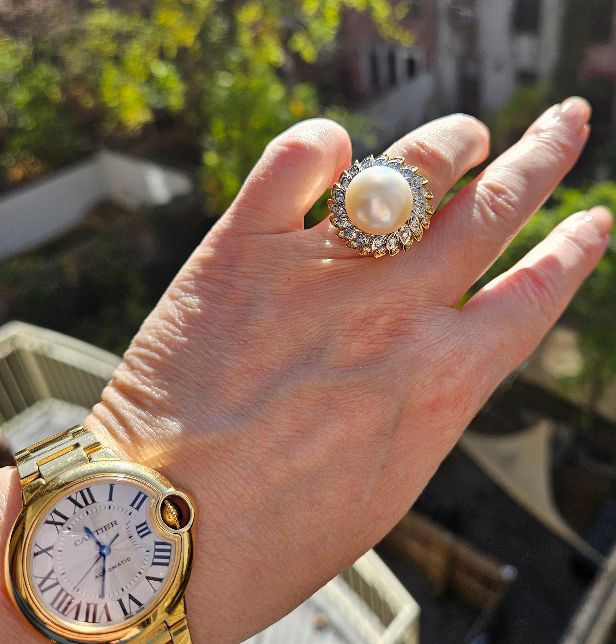 Estate Vintage 14.40mm South Sea Pearl 0.50ct Diamond 14k White Yellow Gold Ring For Sale 7