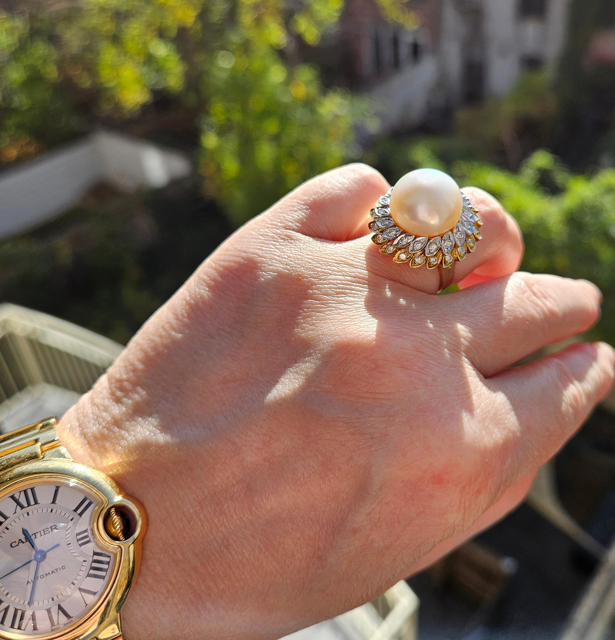 Estate Vintage 14.40mm South Sea Pearl 0.50ct Diamond 14k White Yellow Gold Ring For Sale 8