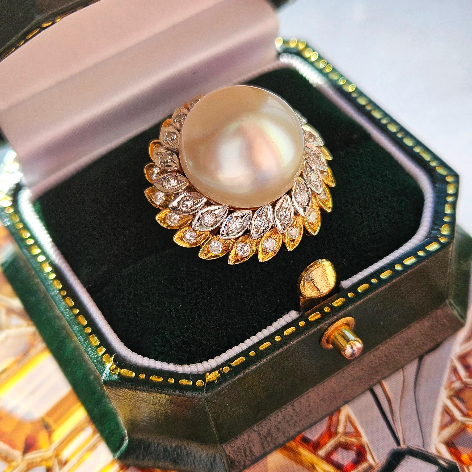 Estate Vintage 14.40mm South Sea Pearl 0.50ct Diamond 14k White Yellow Gold Ring For Sale 9