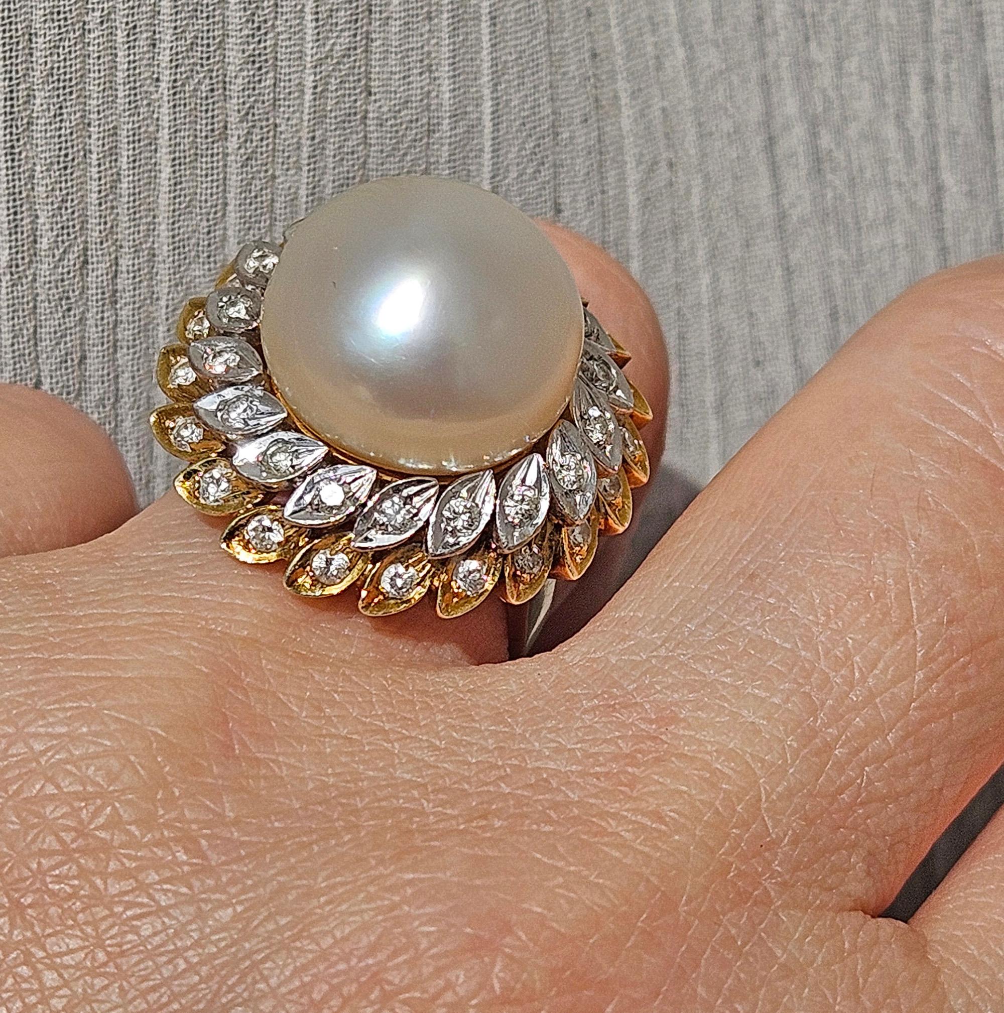 Estate Vintage 14.40mm South Sea Pearl 0.50ct Diamond 14k White Yellow Gold Ring For Sale 10
