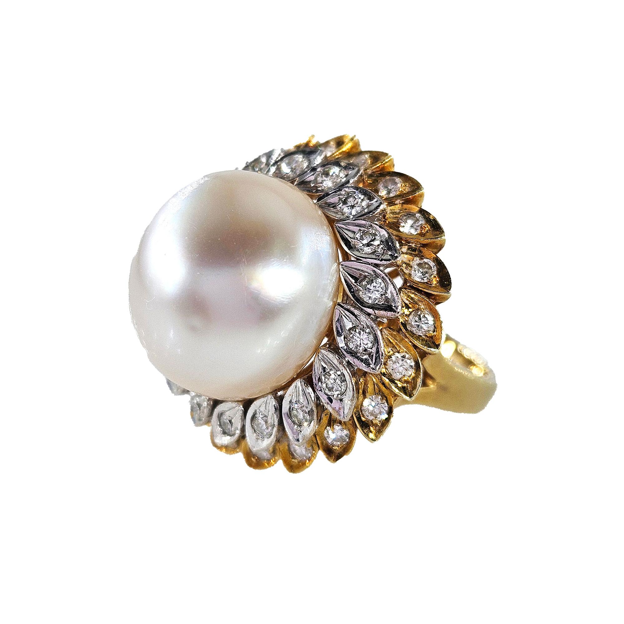 Modern Estate Vintage 14.40mm South Sea Pearl 0.50ct Diamond 14k White Yellow Gold Ring For Sale