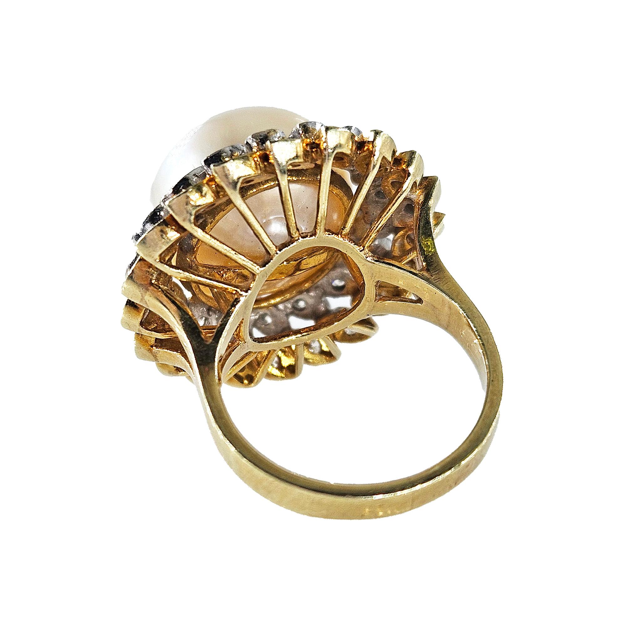 Bead Estate Vintage 14.40mm South Sea Pearl 0.50ct Diamond 14k White Yellow Gold Ring For Sale