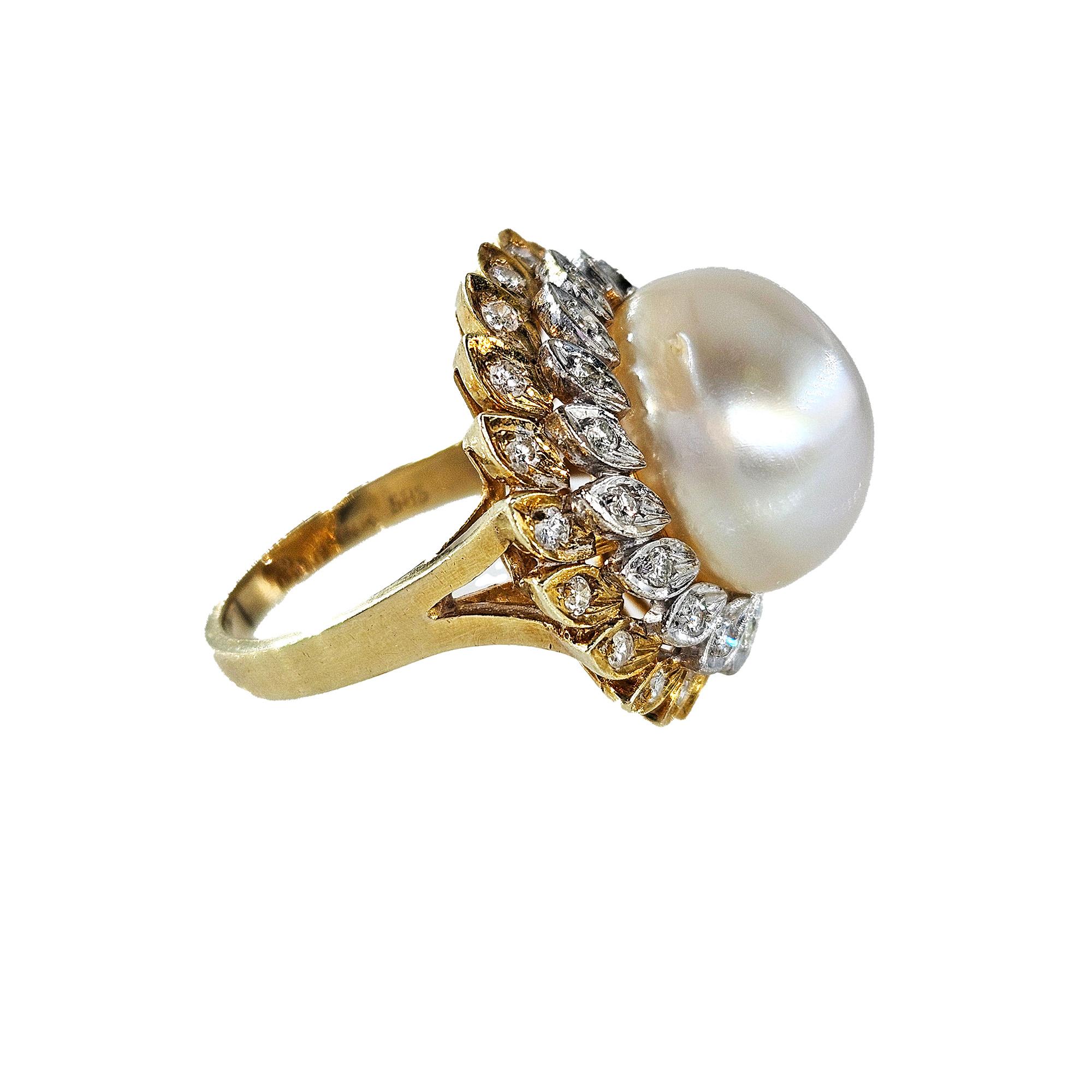 Women's Estate Vintage 14.40mm South Sea Pearl 0.50ct Diamond 14k White Yellow Gold Ring For Sale