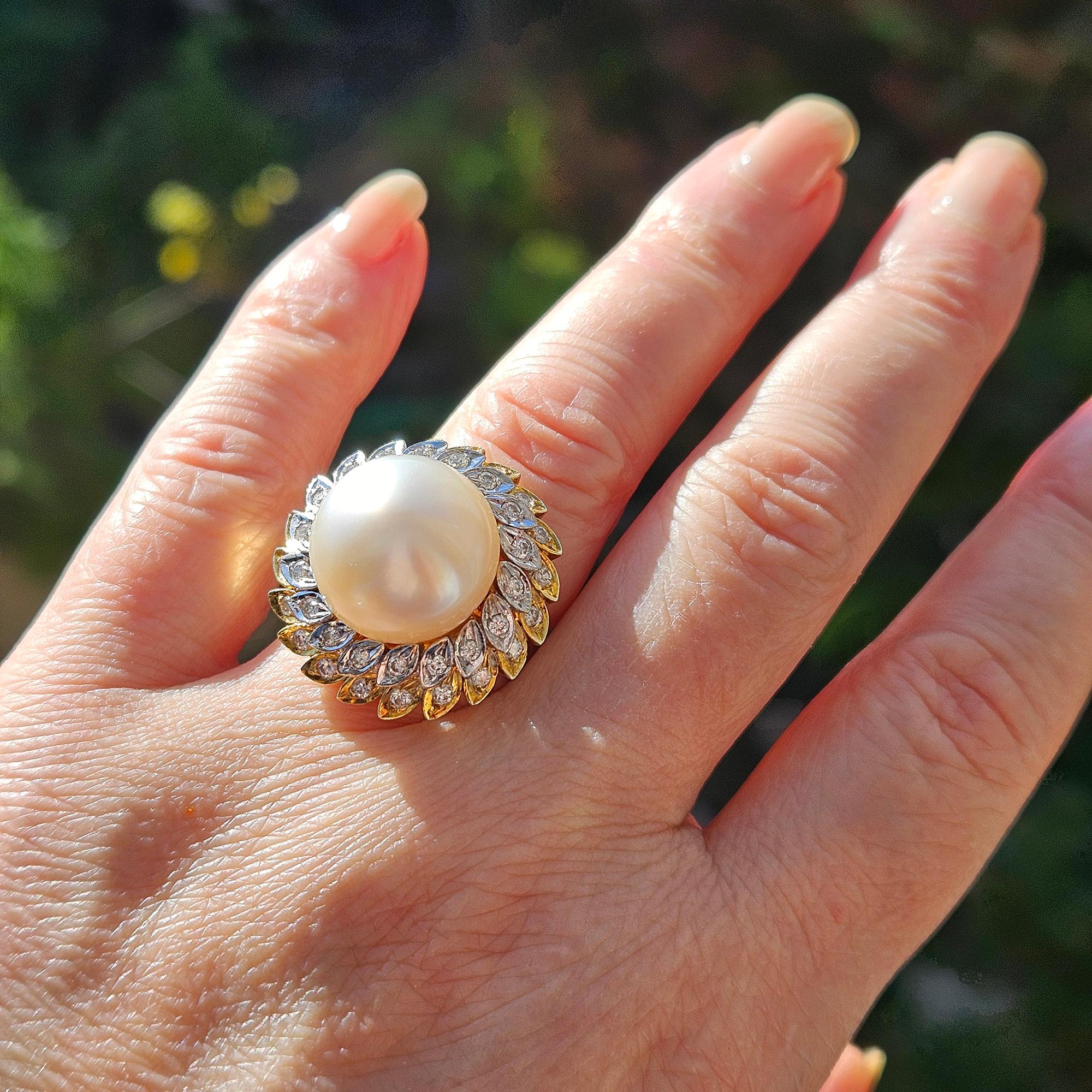 Estate Vintage 14.40mm South Sea Pearl 0.50ct Diamond 14k White Yellow Gold Ring For Sale 1