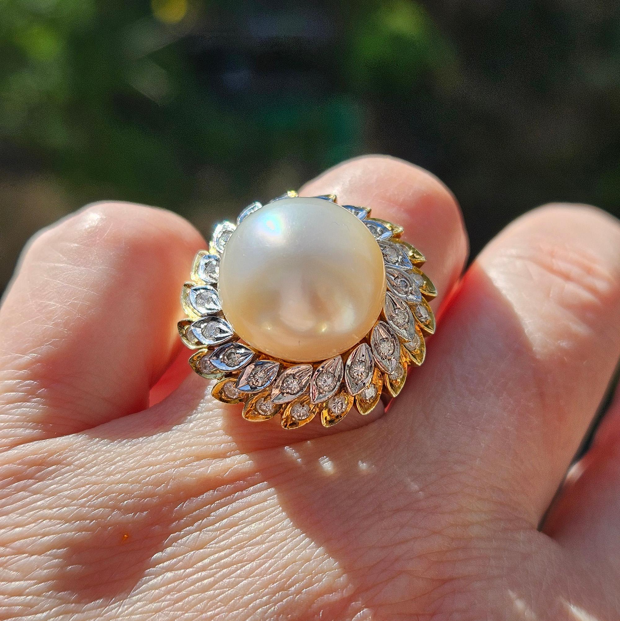 Estate Vintage 14.40mm South Sea Pearl 0.50ct Diamond 14k White Yellow Gold Ring For Sale 3