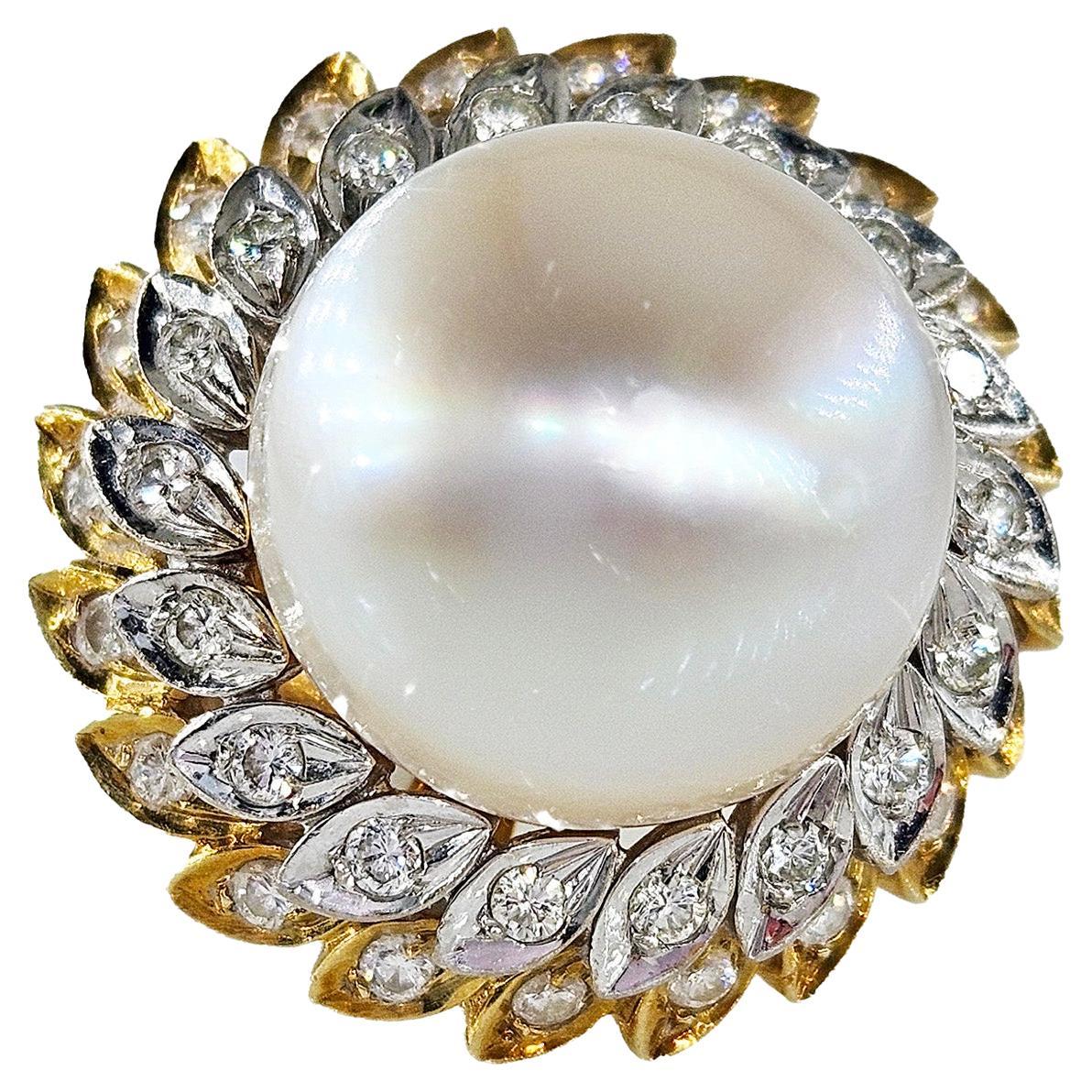Estate Vintage 14.40mm South Sea Pearl 0.50ct Diamond 14k White Yellow Gold Ring