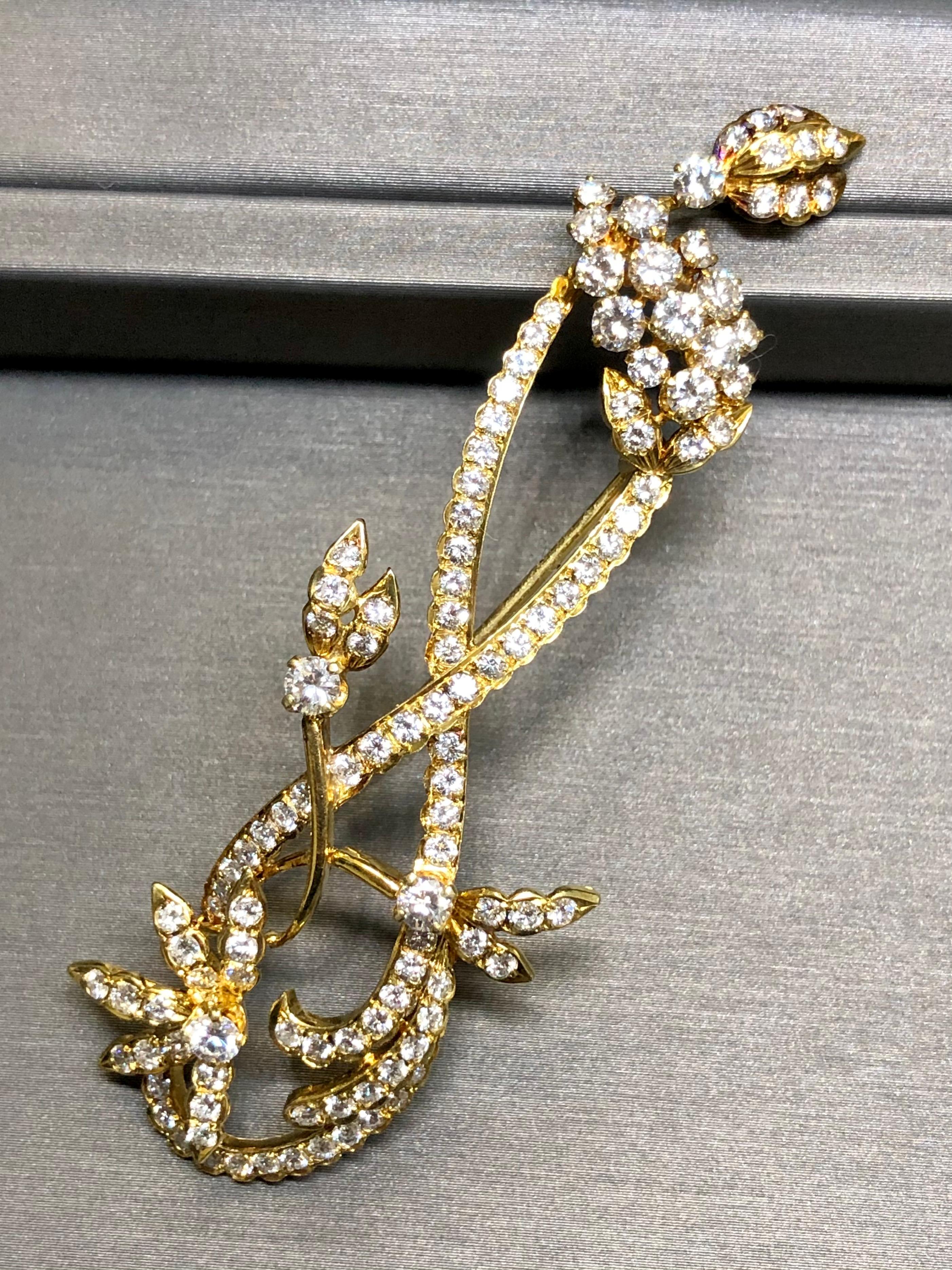
A beautifully handmade brooch crafted in 14k yellow gold (18k wash for color) and set with collection quality diamonds. Total approximate diamond weight is 4.65cttw and all stones are G+ color and Vs1 clarity.


Dimensions/Weight:

Brooch measures