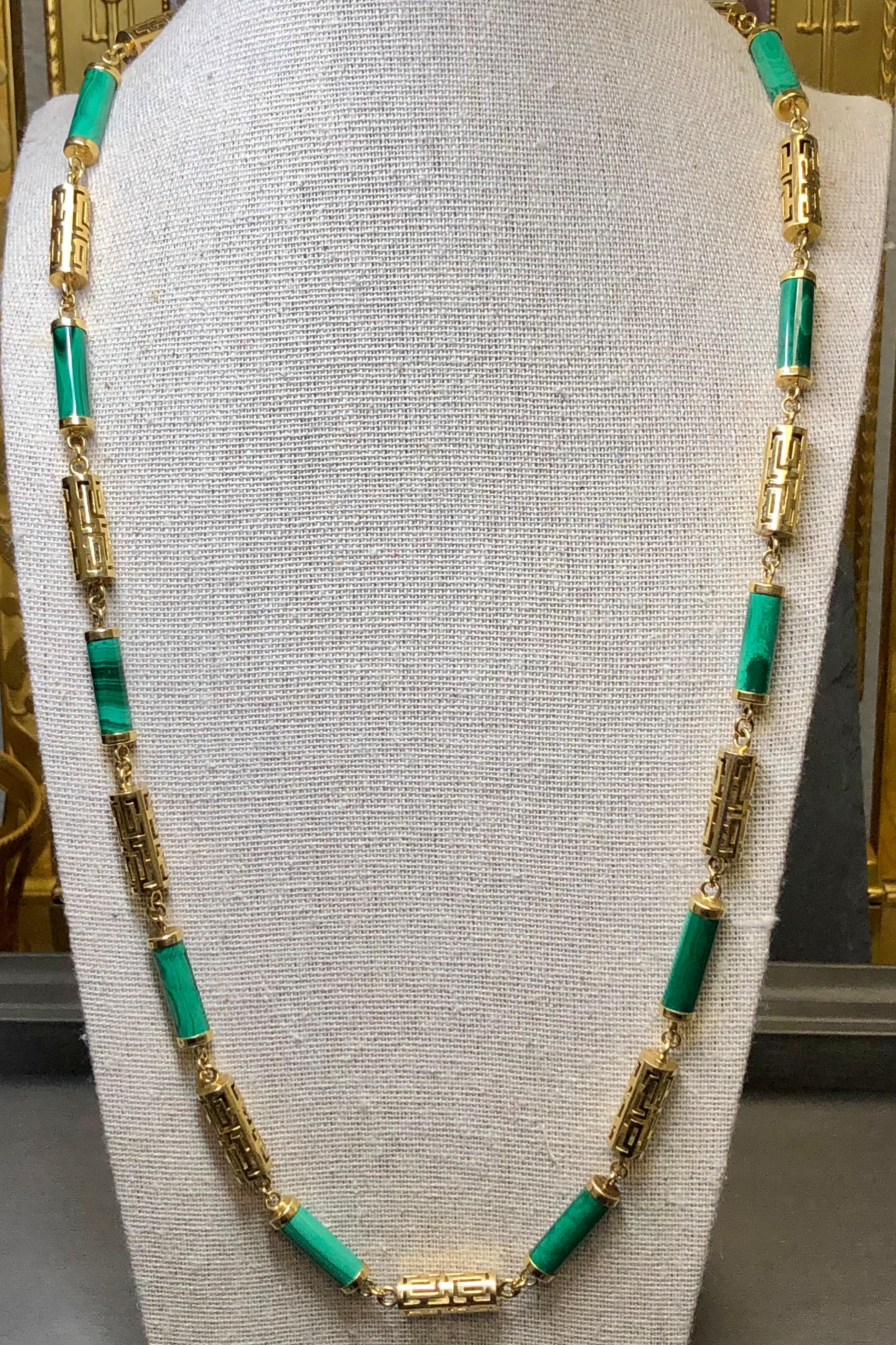 
An absolutely gorgeous and well made necklace done in 14K rich yellow gold and polished sections of gorgeous green malachite. It measures 26.25” in length and makes quite the statement when on. It’s such a look!


Dimensions/Weight:

Measures