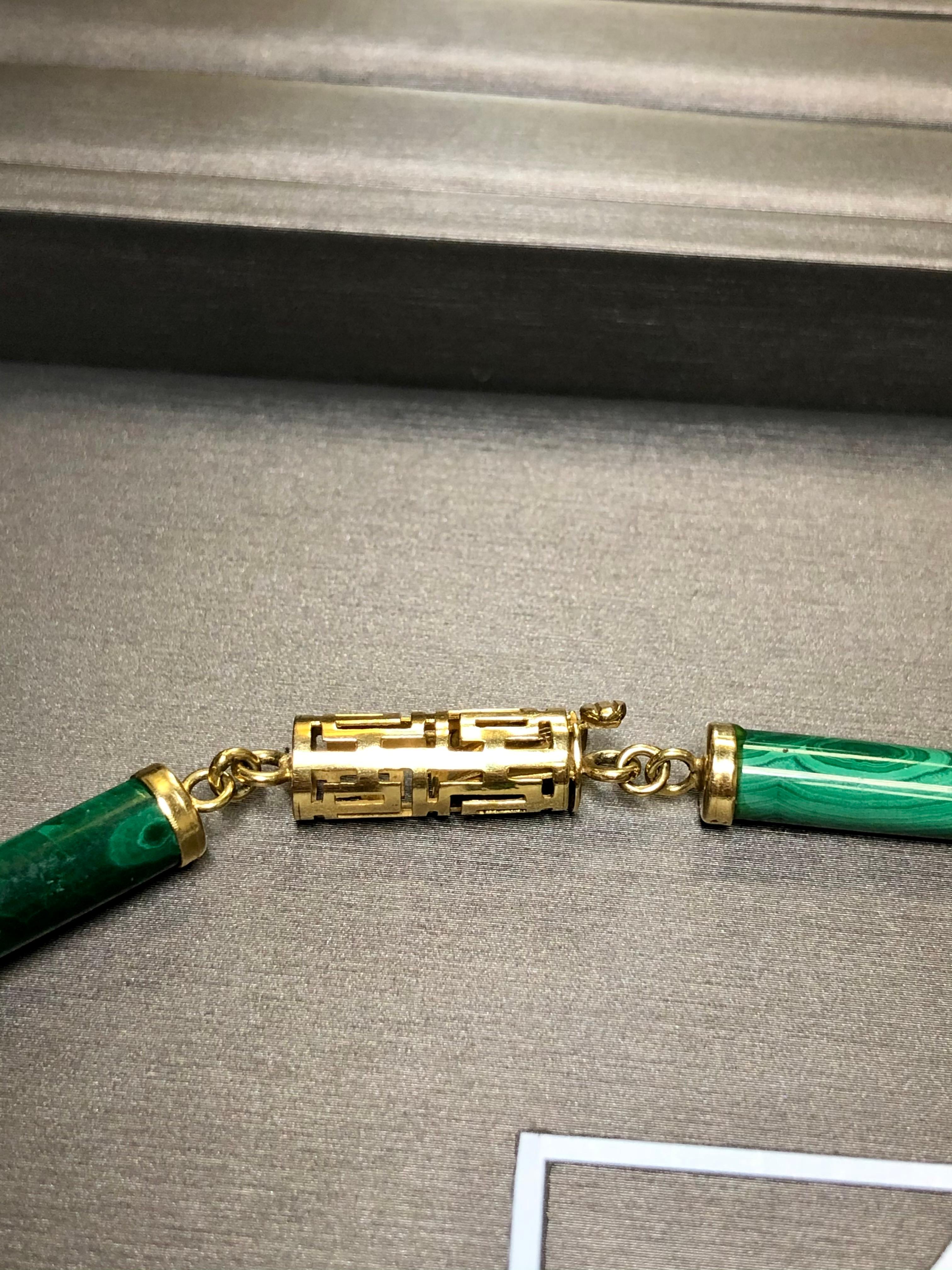 Women's or Men's Estate Vintage 14k Malachite Open Key Design Long Chain Necklace For Sale