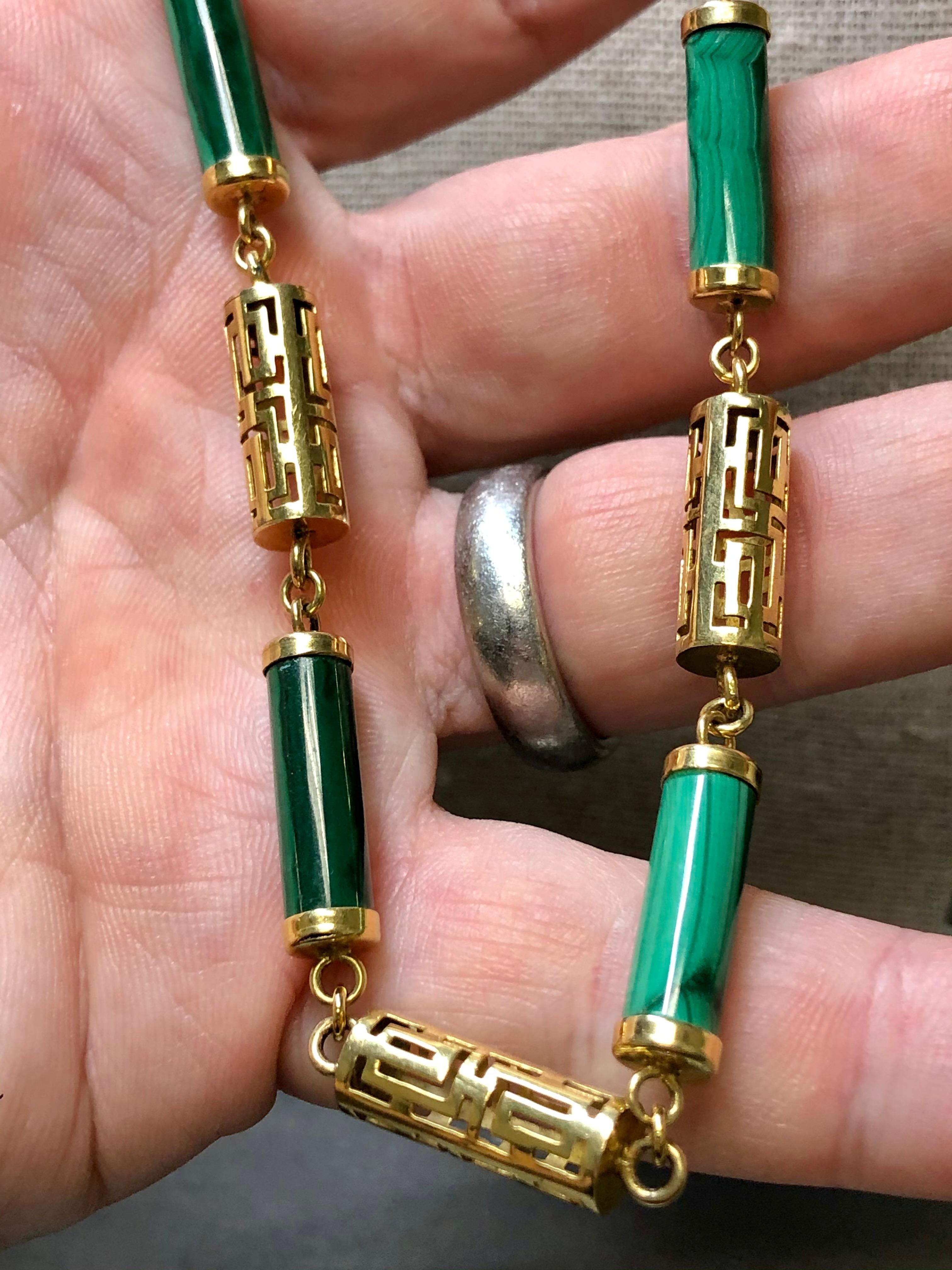Estate Vintage 14k Malachite Open Key Design Long Chain Necklace For Sale 1