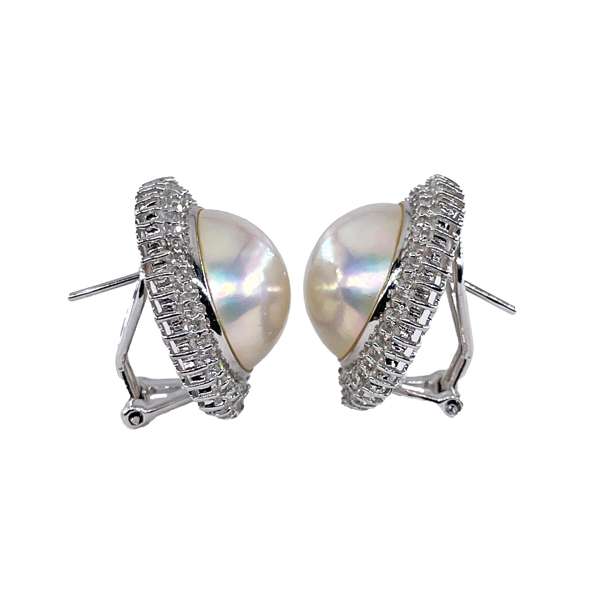Modern Estate Vintage 14k White Gold Mabe Pearl 2.0ct Diamond Double Halo Earrings