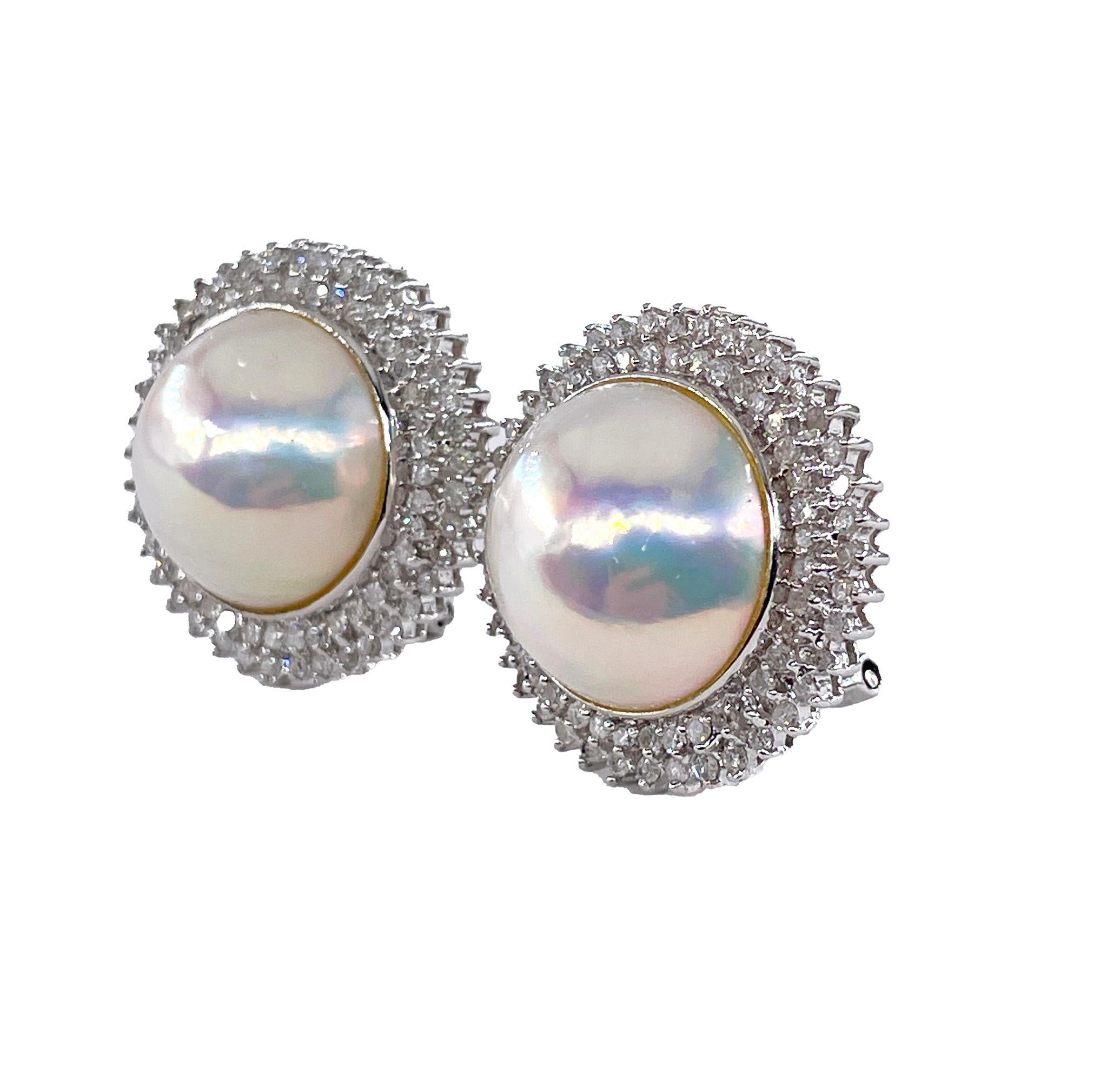 Cabochon Estate Vintage 14k White Gold Mabe Pearl 2.0ct Diamond Double Halo Earrings
