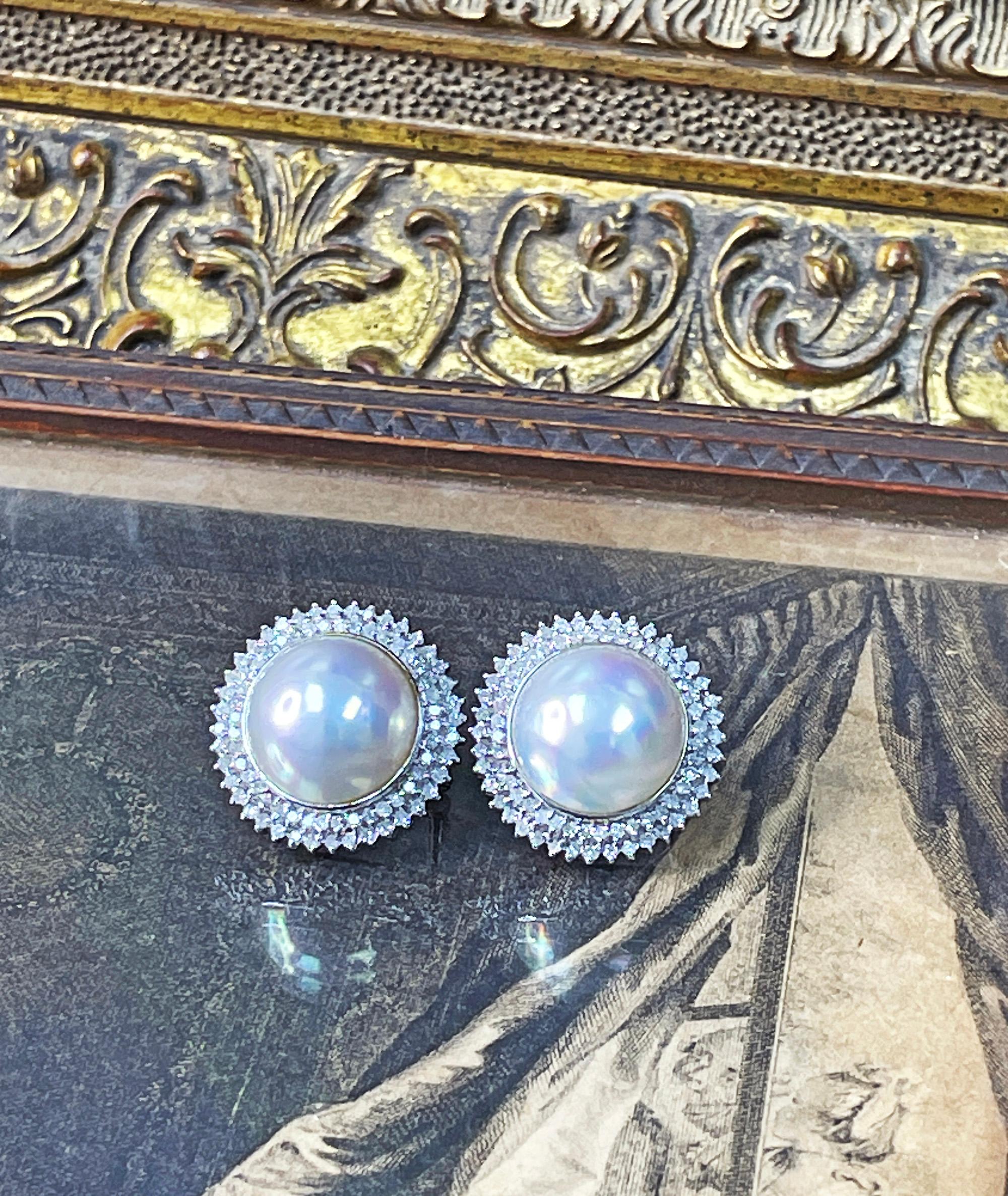 Estate Vintage 14k White Gold Mabe Pearl 2.0ct Diamond Double Halo Earrings In Good Condition In New York, NY