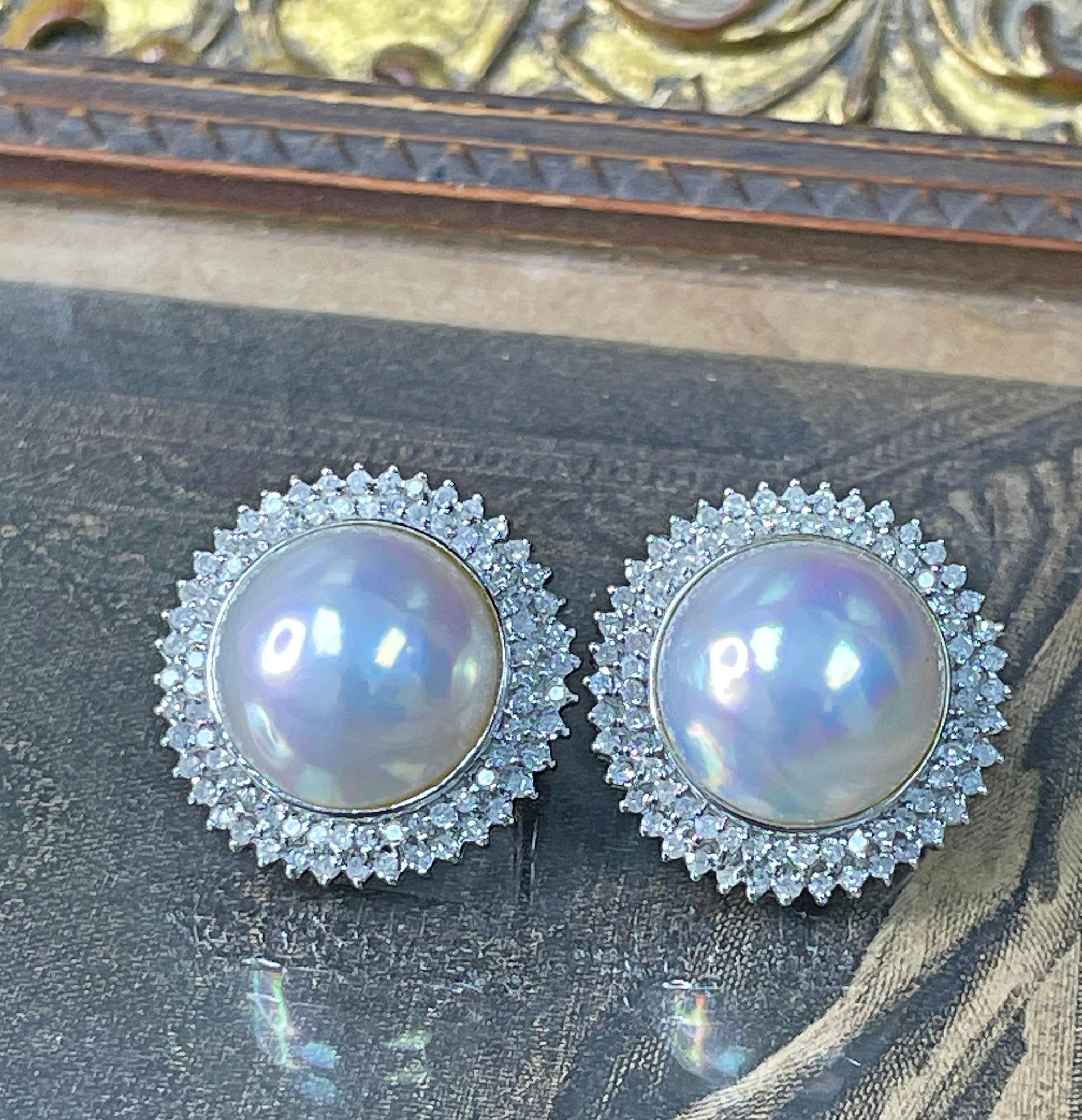 Women's Estate Vintage 14k White Gold Mabe Pearl 2.0ct Diamond Double Halo Earrings