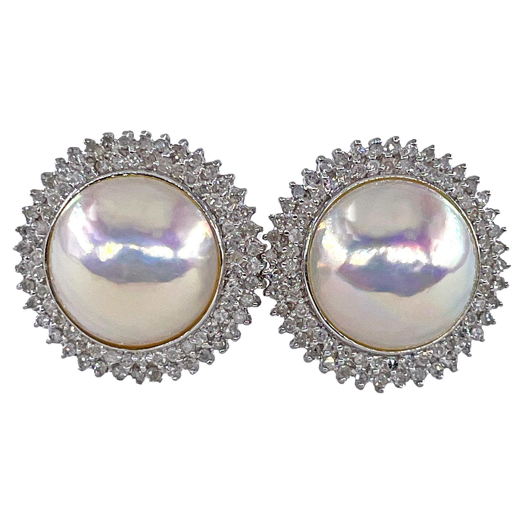 Nachlass Vintage 14k Weißgold Mabe Perle 2,0ct Diamant Double Halo Ohrringe mit doppeltem Halo
