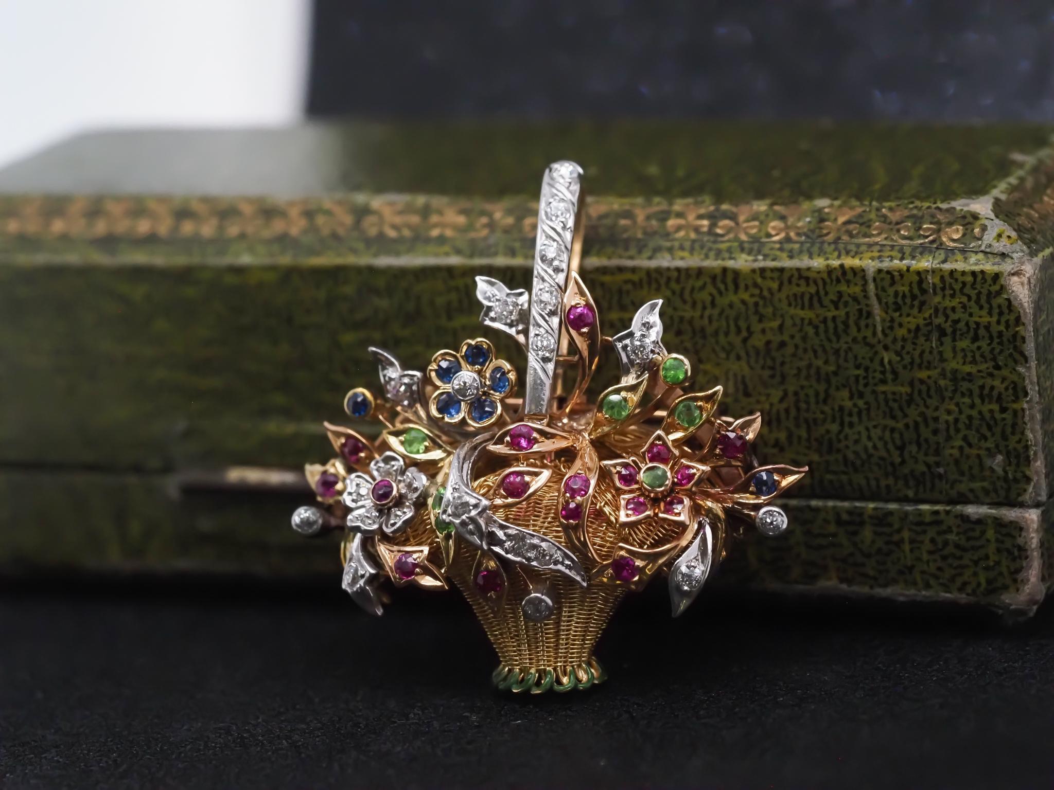 Nachlass Vintage 14K Gelbgold Floral Korb Anhänger und Brosche im Zustand „Gut“ im Angebot in Hicksville, NY