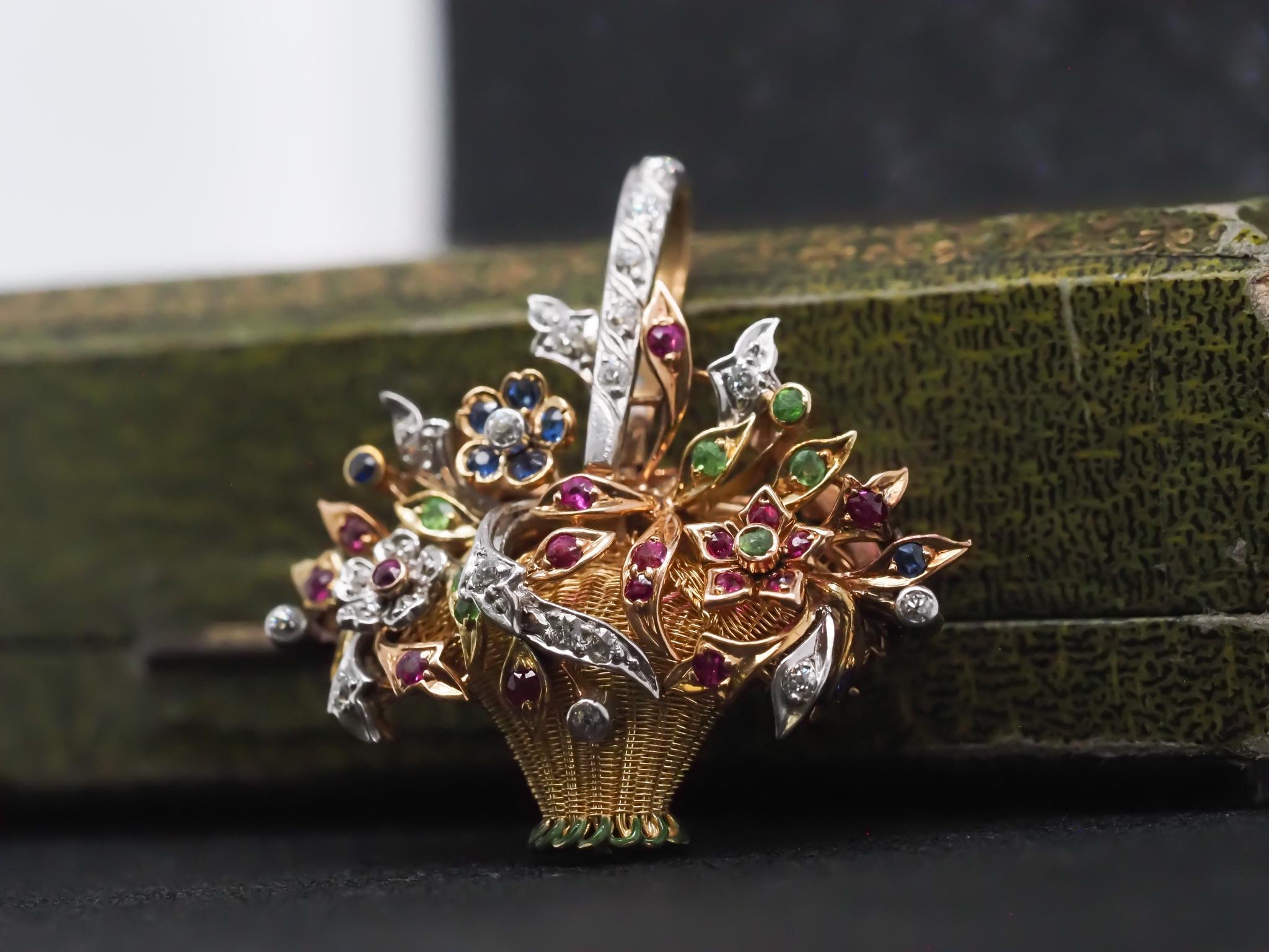 Nachlass Vintage 14K Gelbgold Floral Korb Anhänger und Brosche im Angebot 3