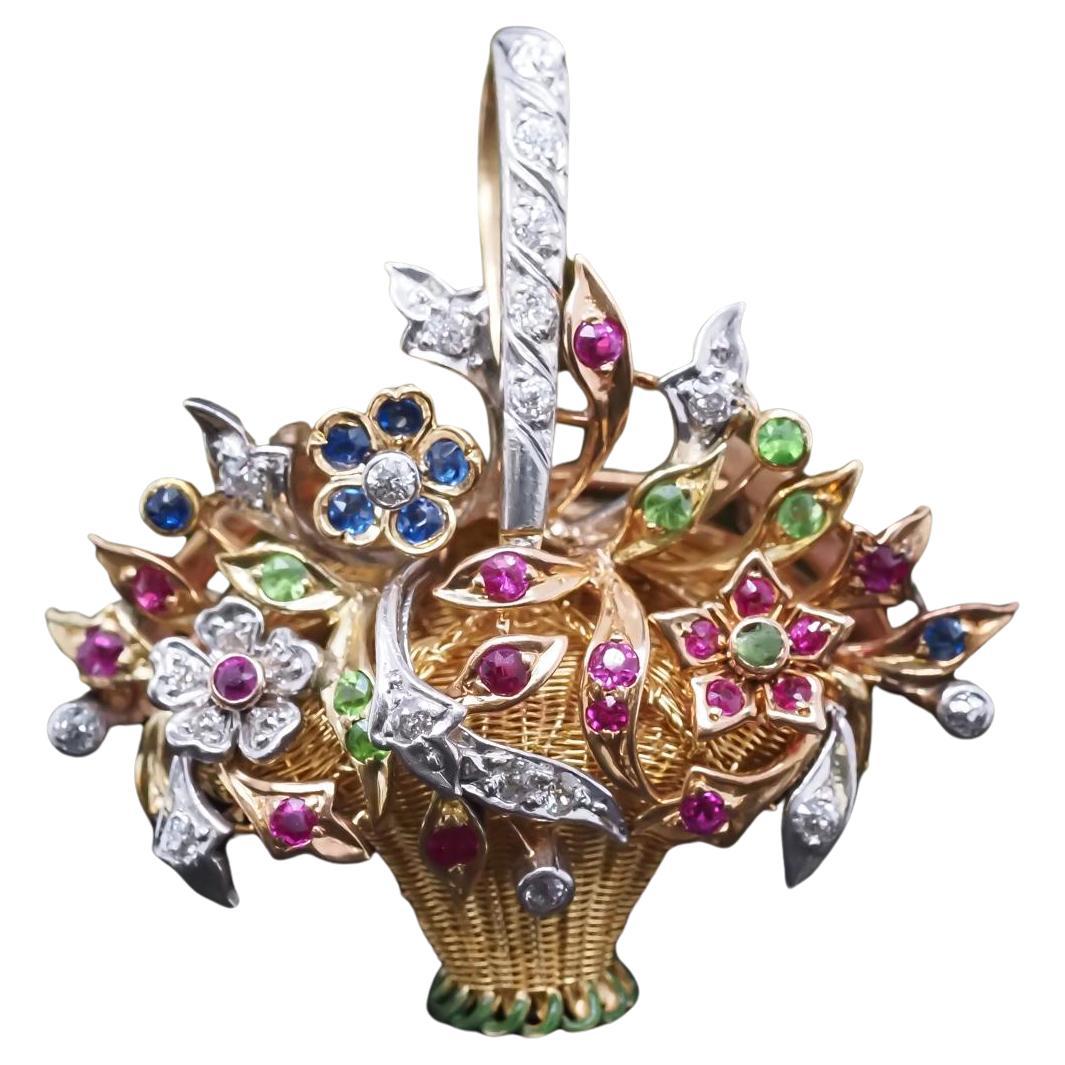 Nachlass Vintage 14K Gelbgold Floral Korb Anhänger und Brosche im Angebot