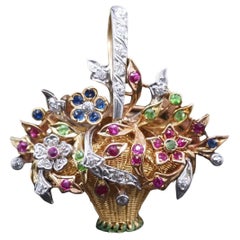 Estate Vintage 14K Yellow Gold Floral Basket Pendant and Brooch