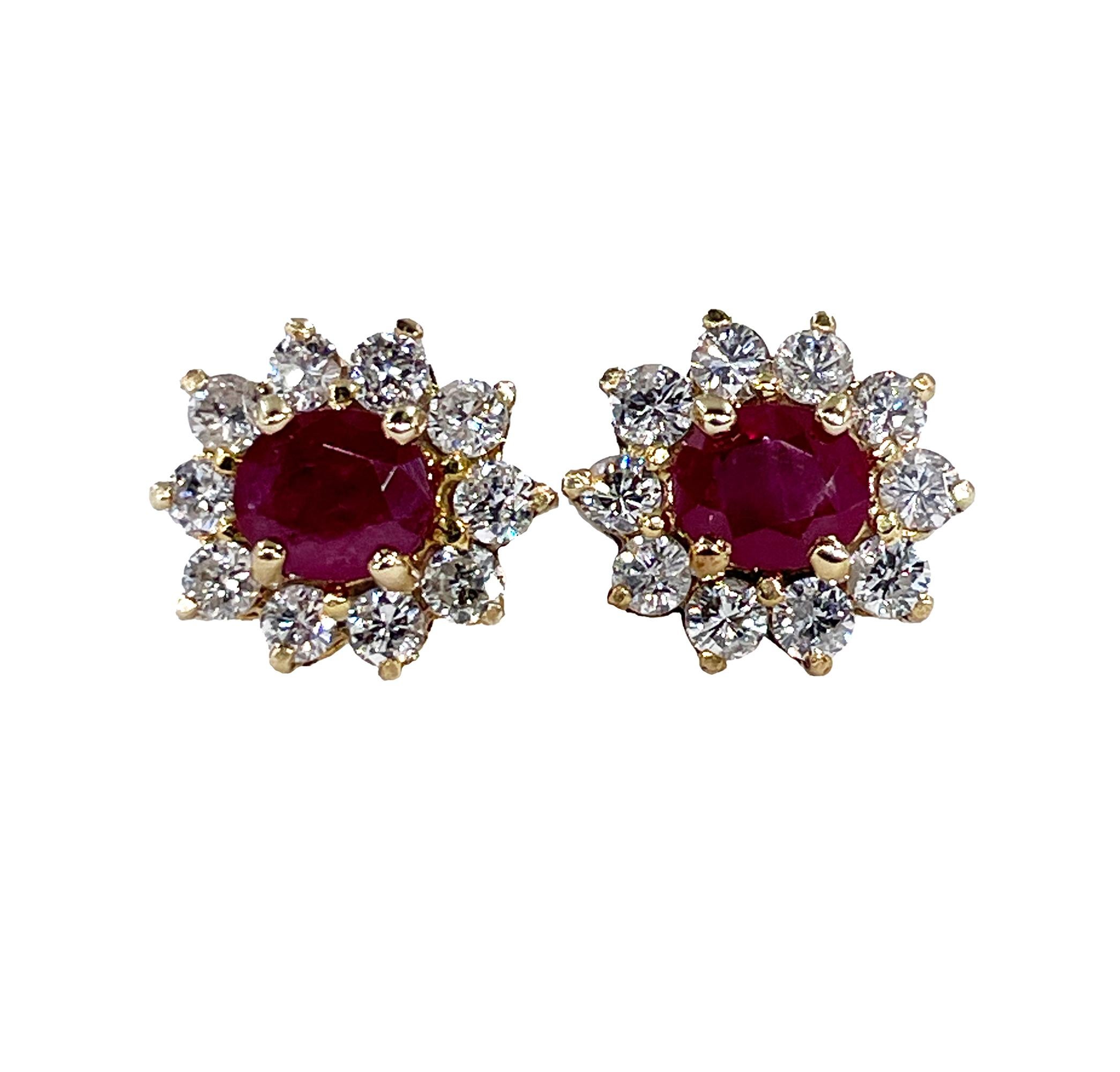 Vintage Cluster 1.50ctw Oval Red RUBY & Diamonds 14k & 18k Yellow Gold Estate Stud Post Earrings, Ear Pendants

This Vintage Pair of Stud-Earrings will take your breath away! From our Estate Gemstone Collection. Be in your work or evening attire,