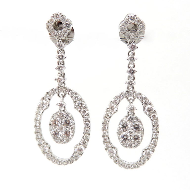 Estate Vintage 18 Karat White Gold Round Diamond Dangle Drop Earrings ...