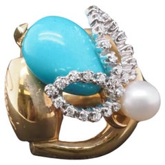 Estate Vintage 18K Gucci Bee Horsebit Turquoise Diamond Ring - VHK#116b