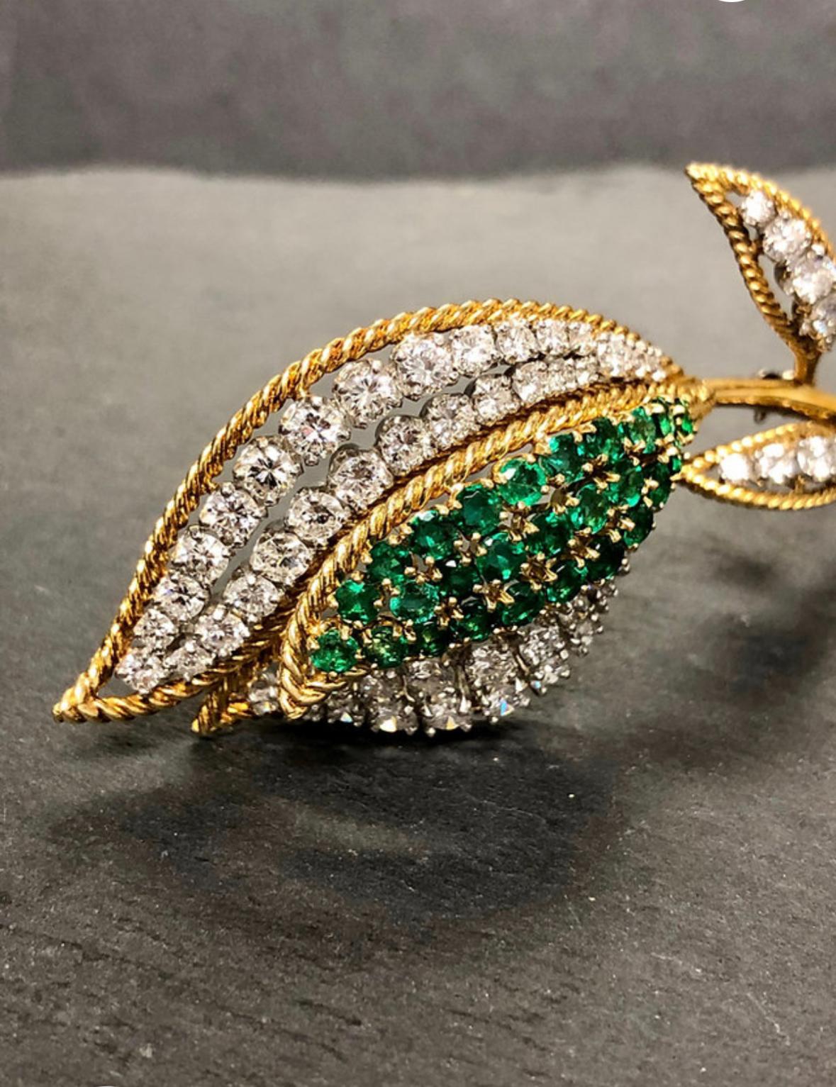 Contemporary Estate Vintage 18K Platinum Diamond Emerald Tulip Brooch For Sale