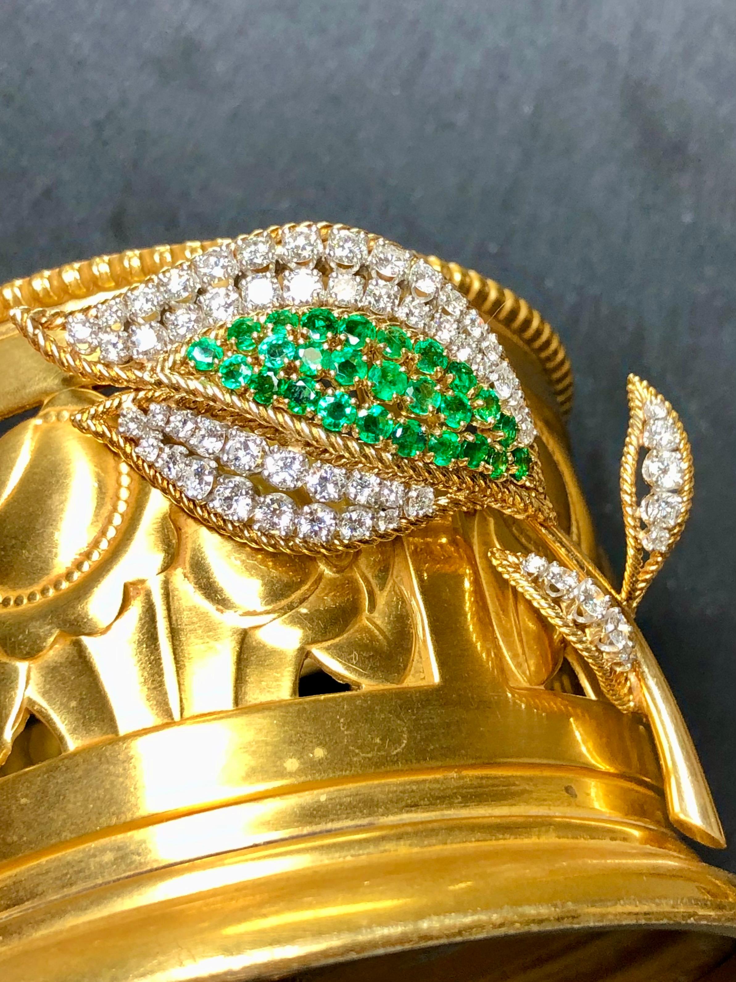 Contemporary Estate Vintage 18K Platinum Diamond Emerald Tulip Brooch For Sale