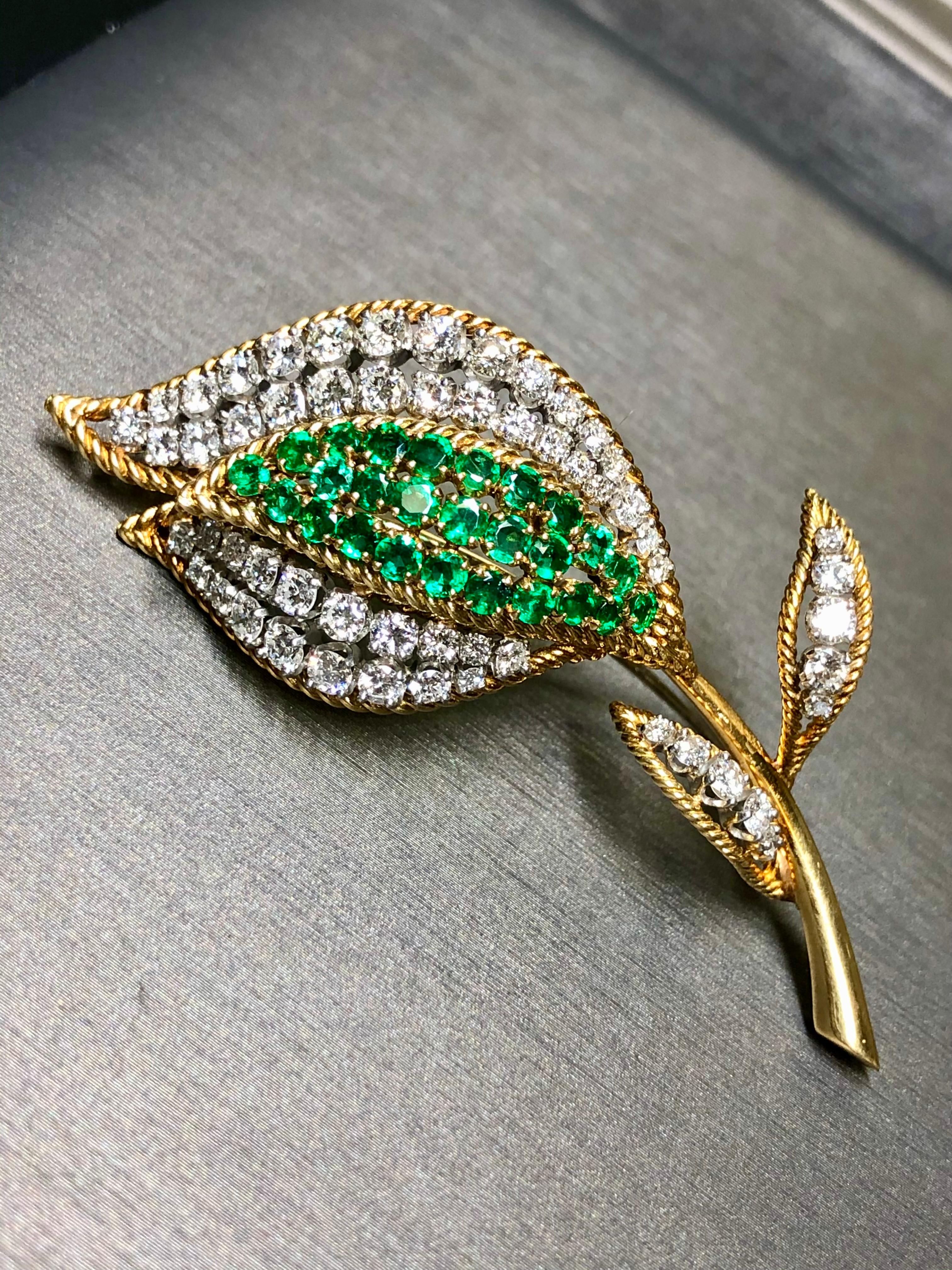 Round Cut Estate Vintage 18K Platinum Diamond Emerald Tulip Brooch For Sale