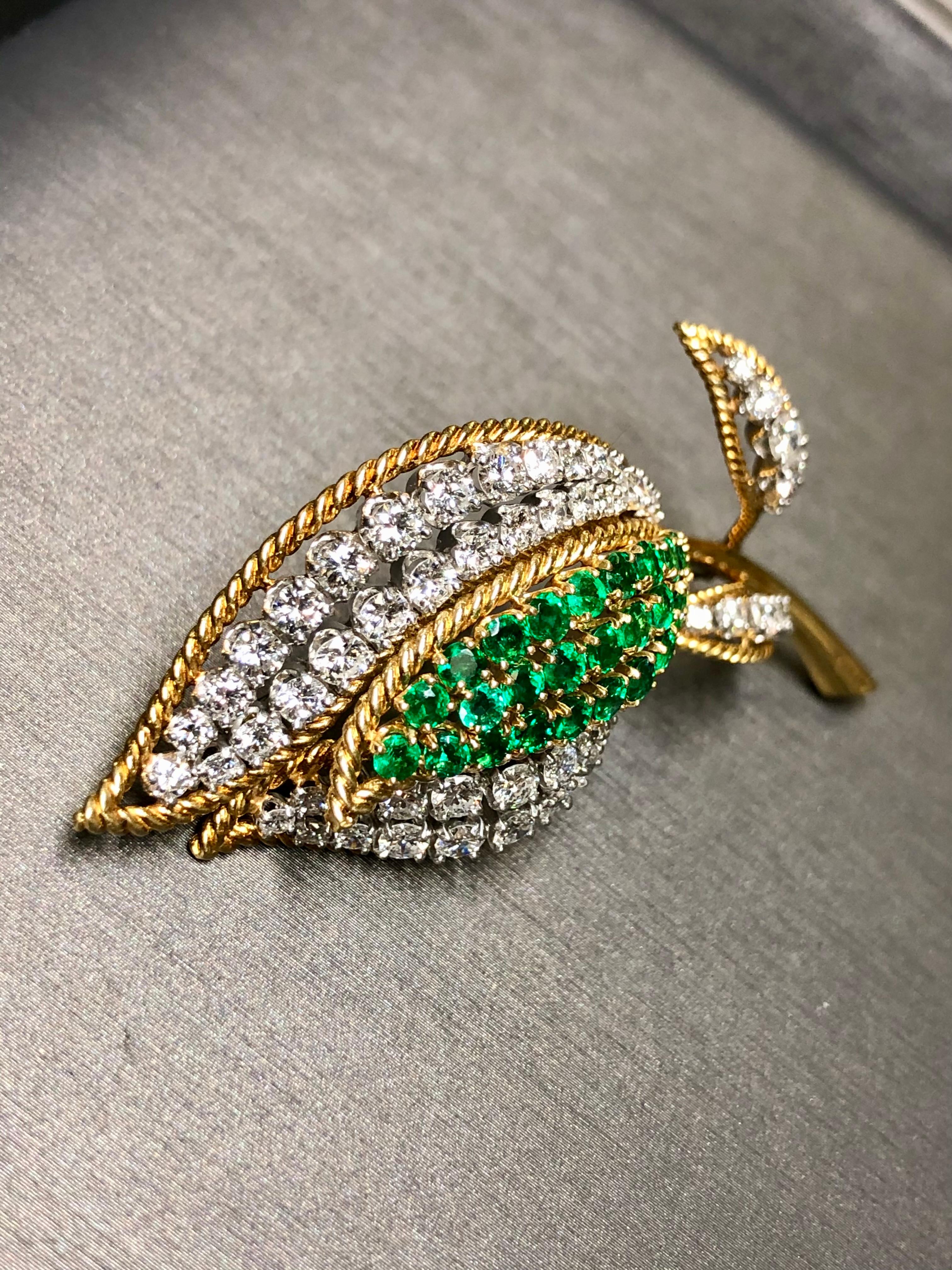 Estate Vintage 18K Platinum Diamond Emerald Tulip Brooch In Good Condition For Sale In Winter Springs, FL