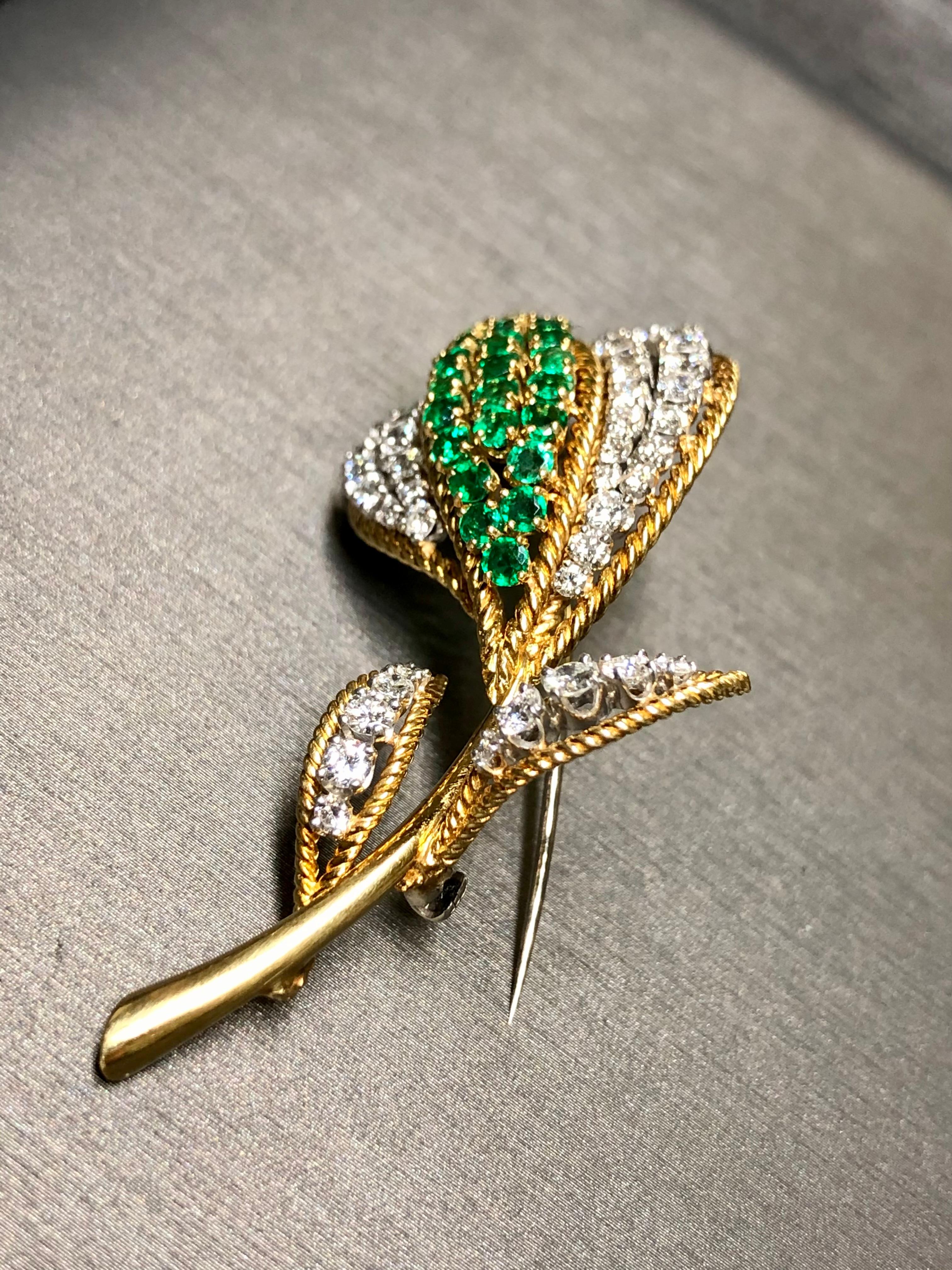 Women's or Men's Estate Vintage 18K Platinum Diamond Emerald Tulip Brooch For Sale