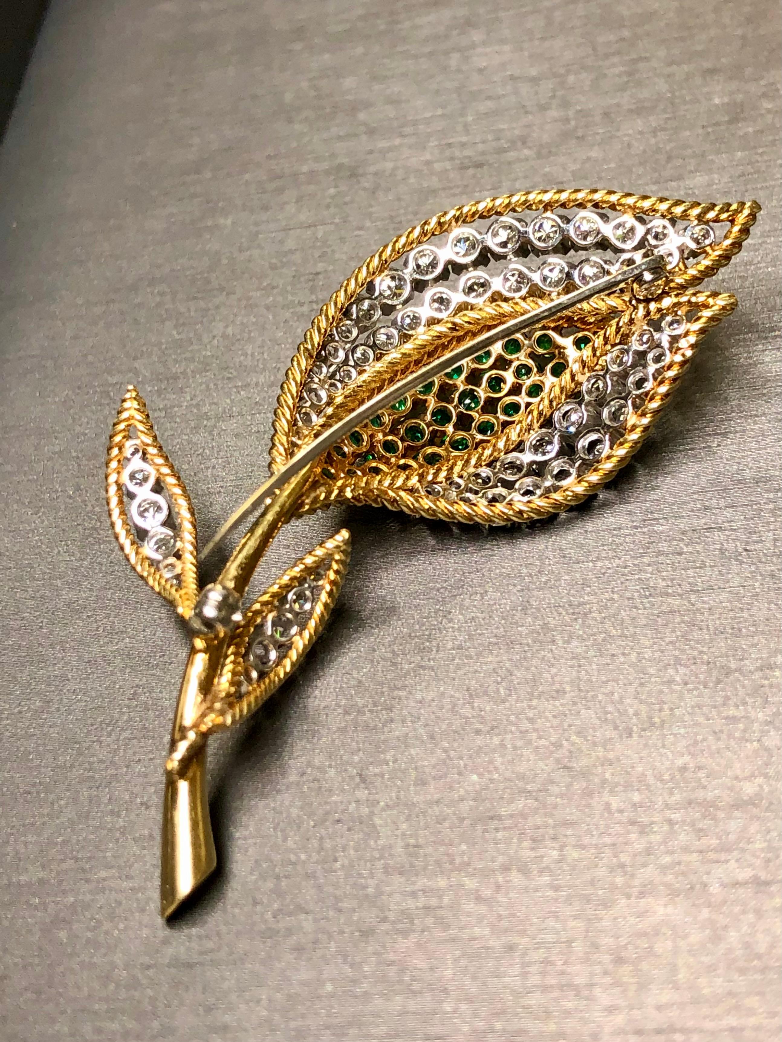 Estate Vintage 18K Platinum Diamond Emerald Tulip Brooch For Sale 1