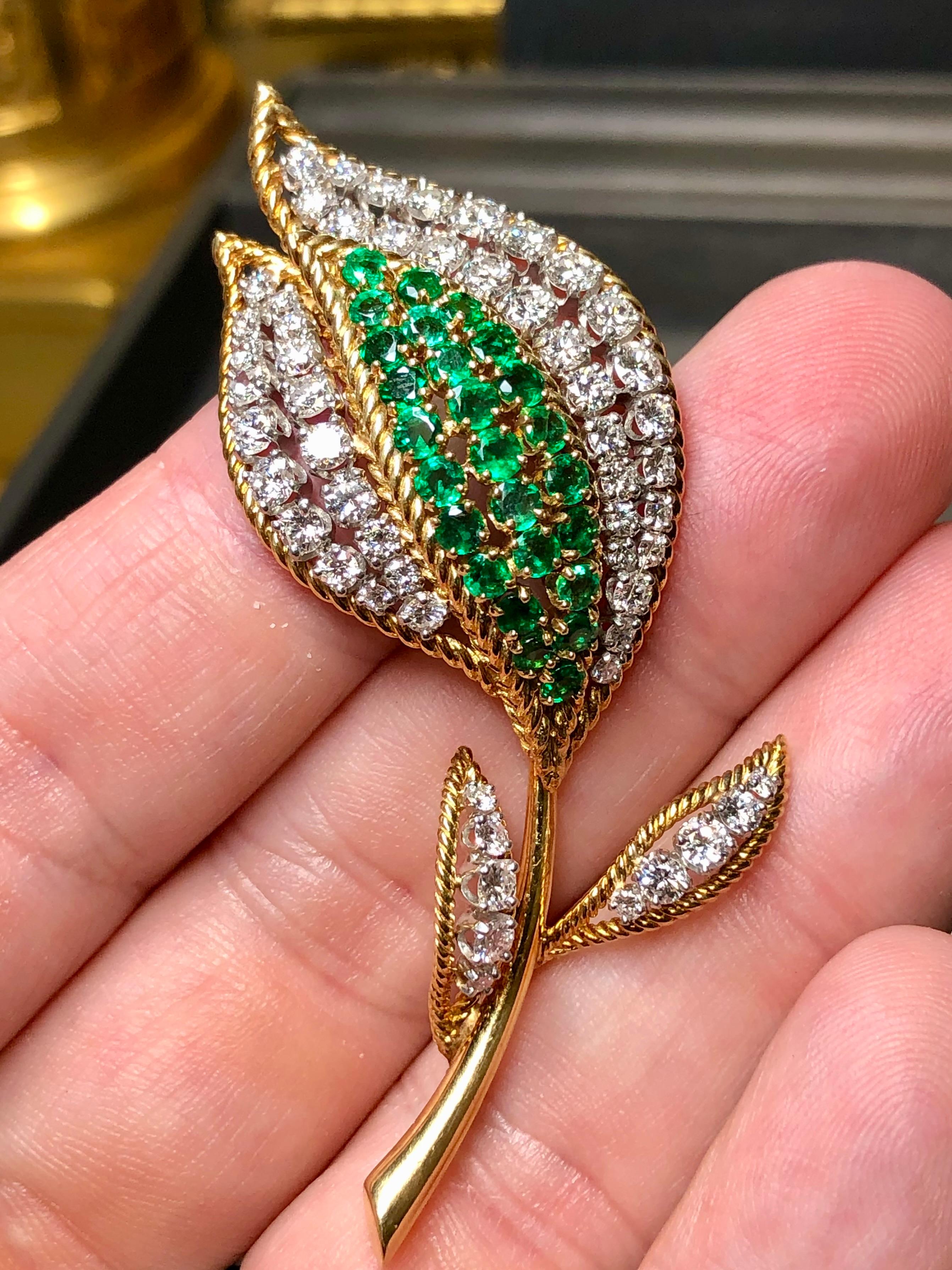 Estate Vintage 18K Platinum Diamond Emerald Tulip Brooch For Sale 2