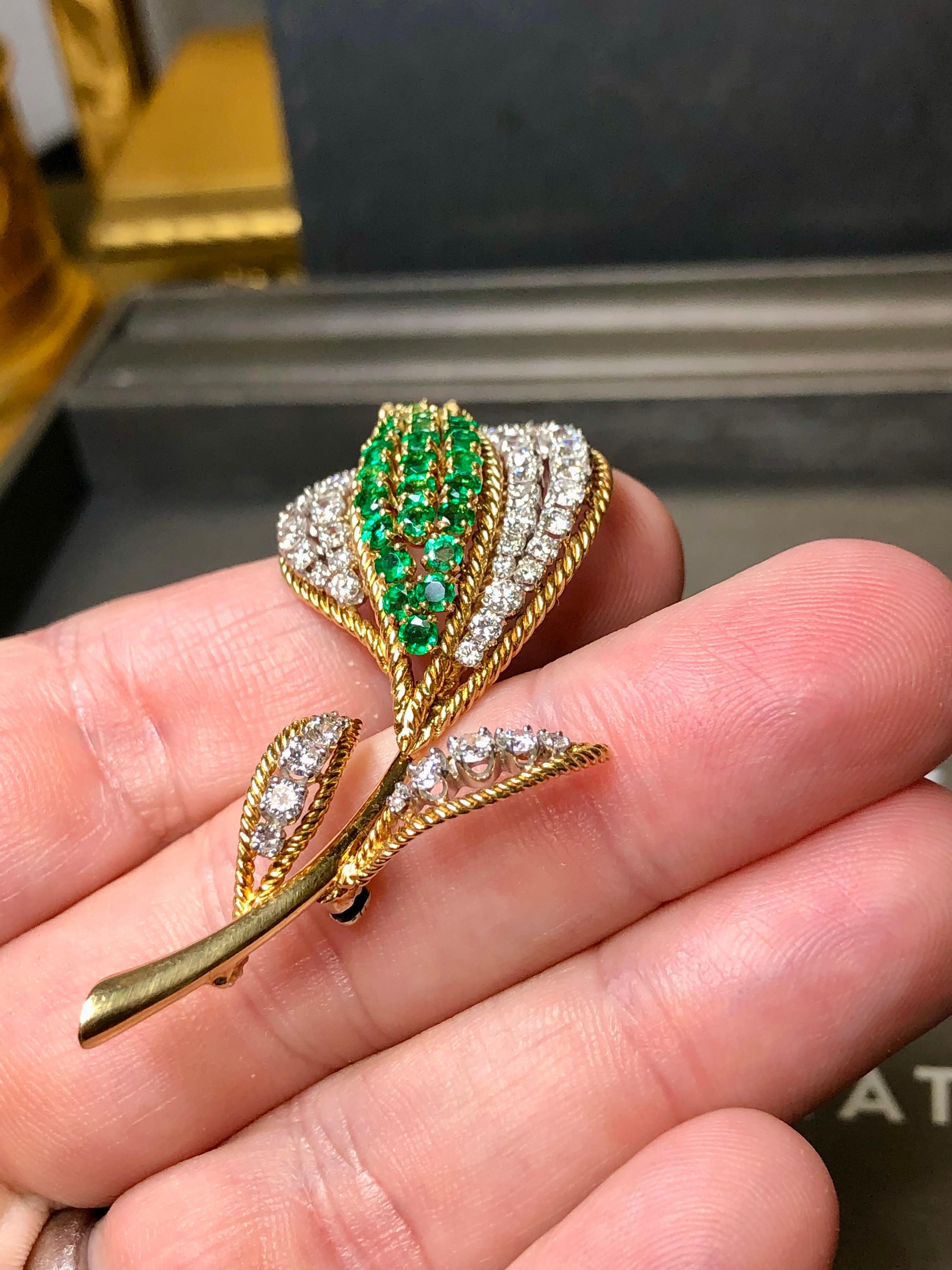 Estate Vintage 18K Platinum Diamond Emerald Tulip Brooch For Sale 3