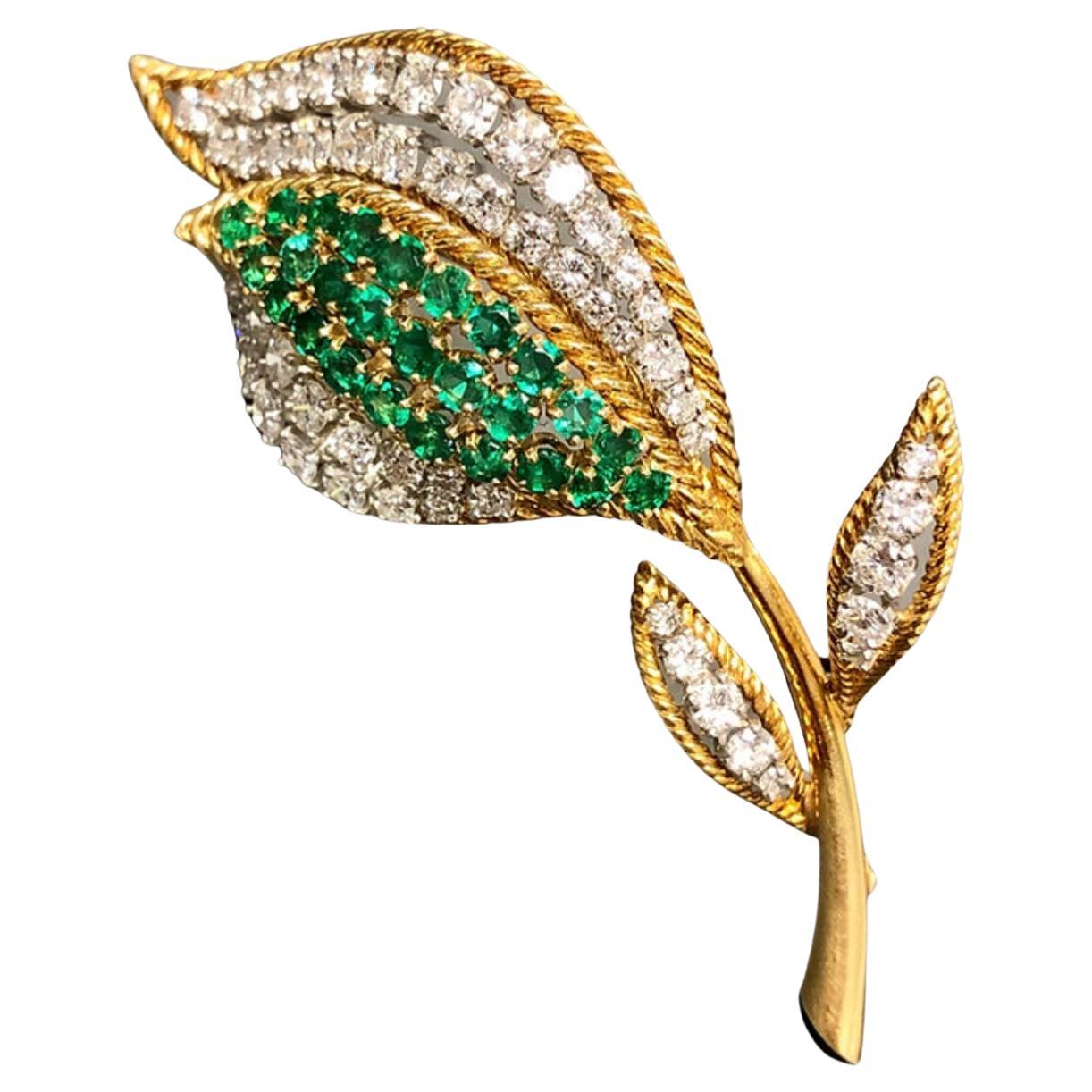 Estate Vintage 18K Platinum Diamond Emerald Tulip Brooch For Sale