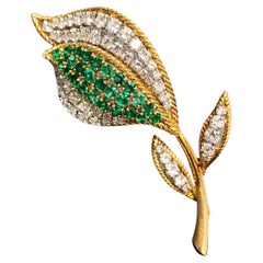 Estate Retro 18K Platinum Diamond Emerald Tulip Brooch