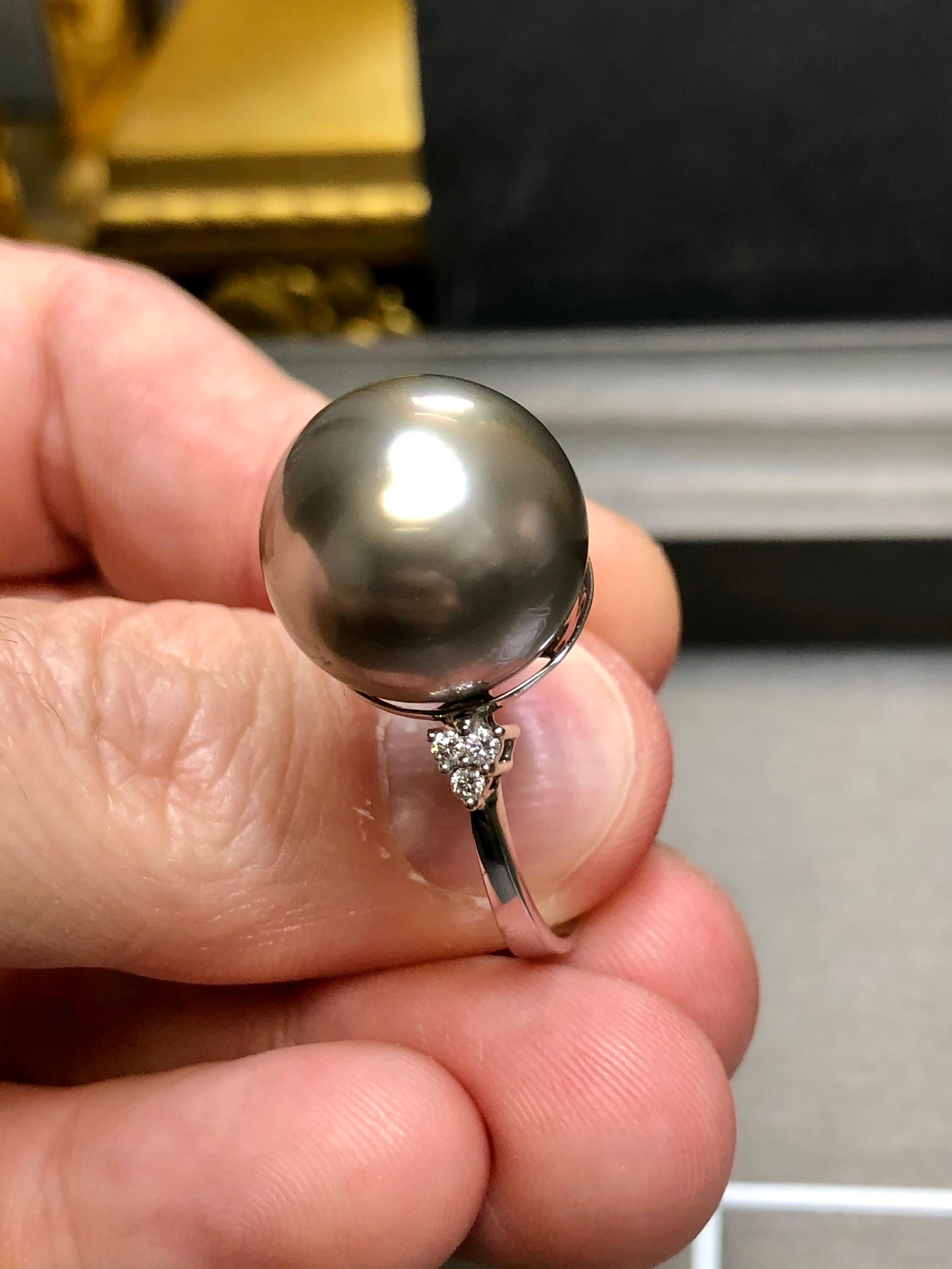 Estate Vintage 18K White Gold Large 16mm Tahitian Pearl Diamond Ring 1