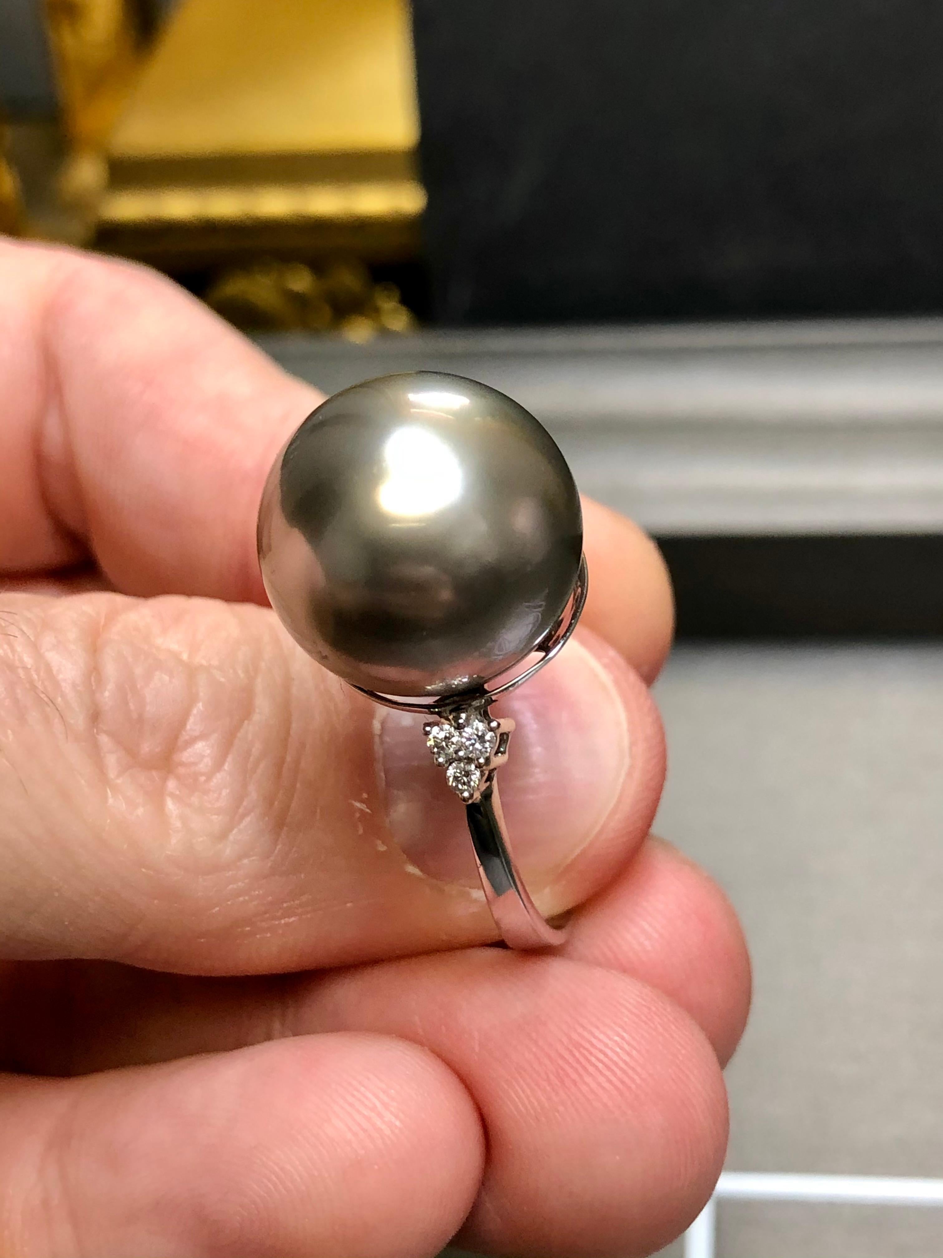 Vintage 18 Karat Weißgold Großer 16 mm Tahiti-Perlen-Diamant-Ring 1