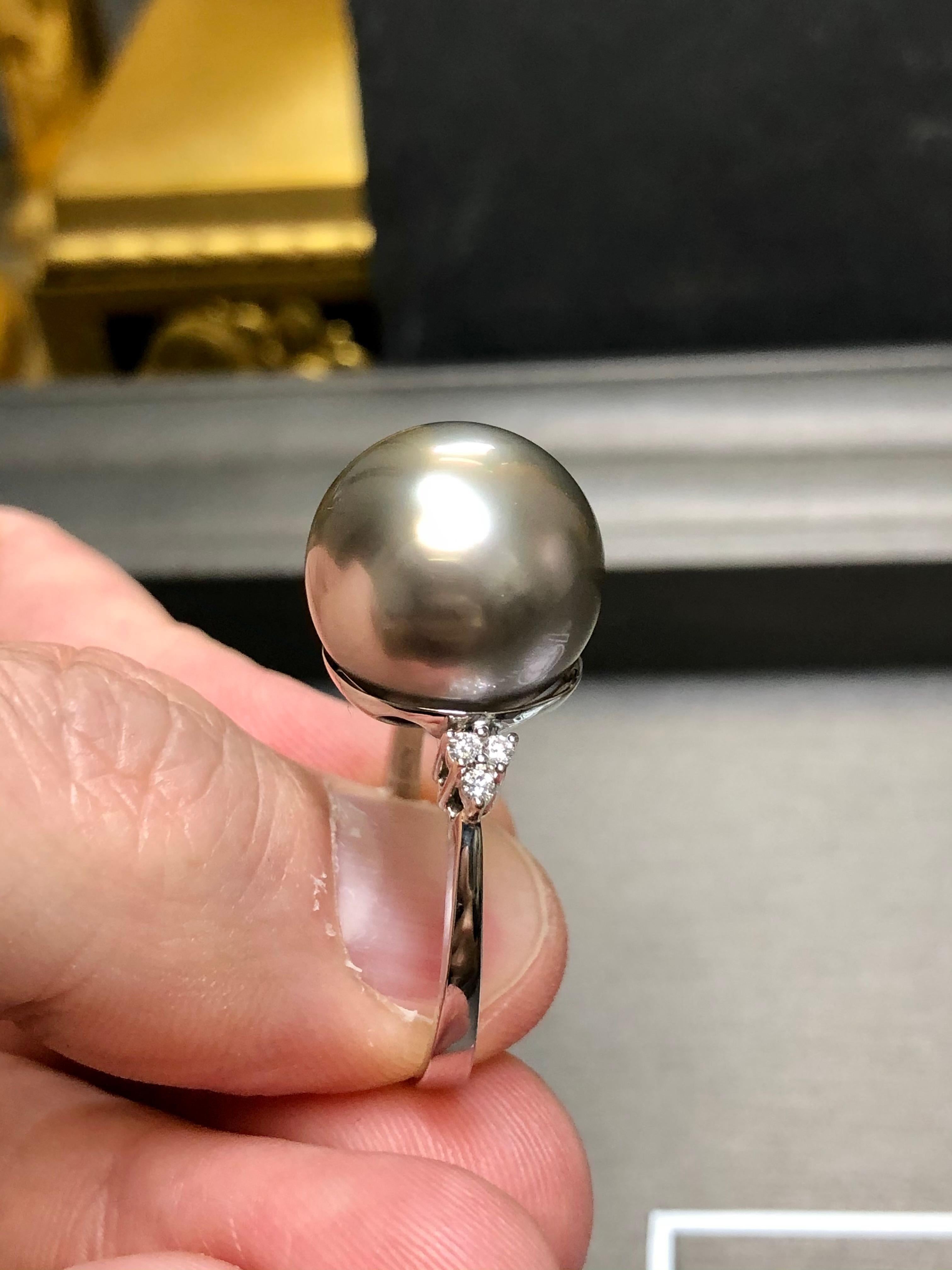 Estate Vintage 18K White Gold Large 16mm Tahitian Pearl Diamond Ring 2