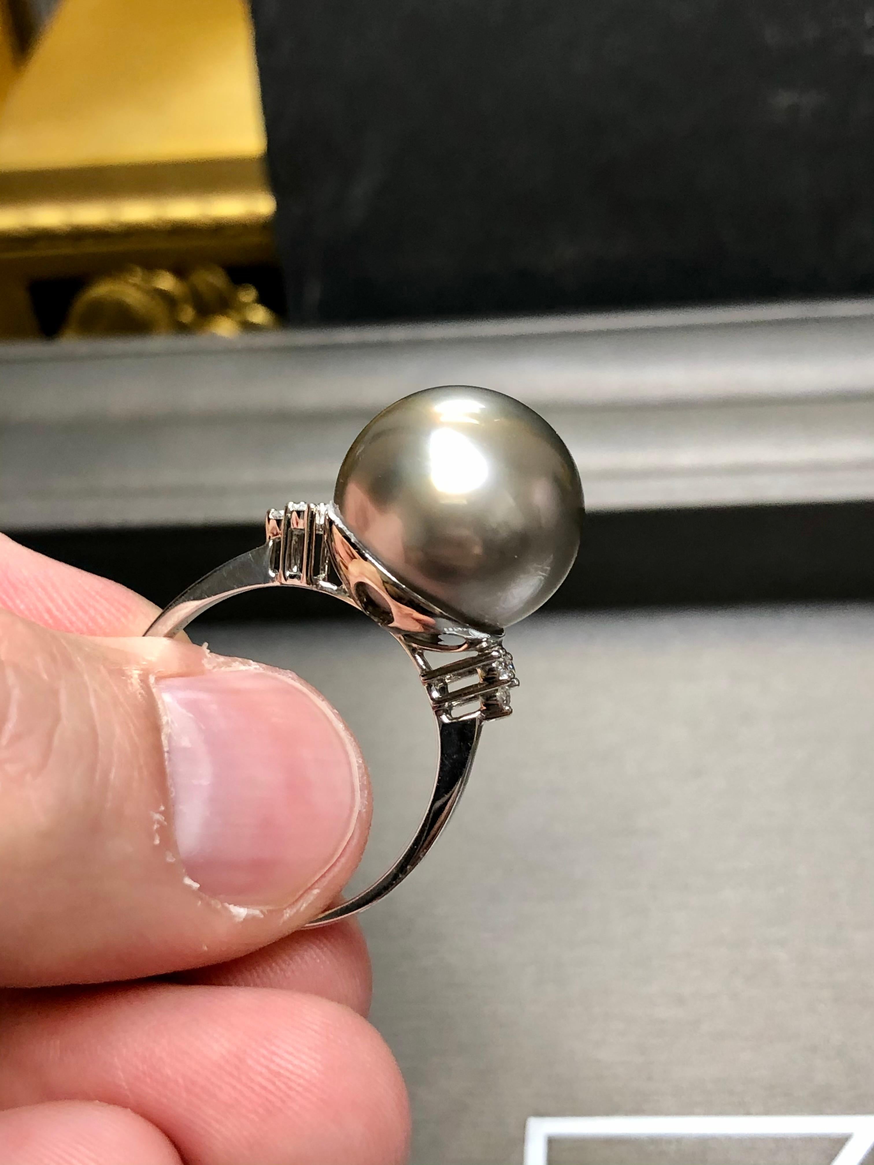 Estate Vintage 18K White Gold Large 16mm Tahitian Pearl Diamond Ring 3