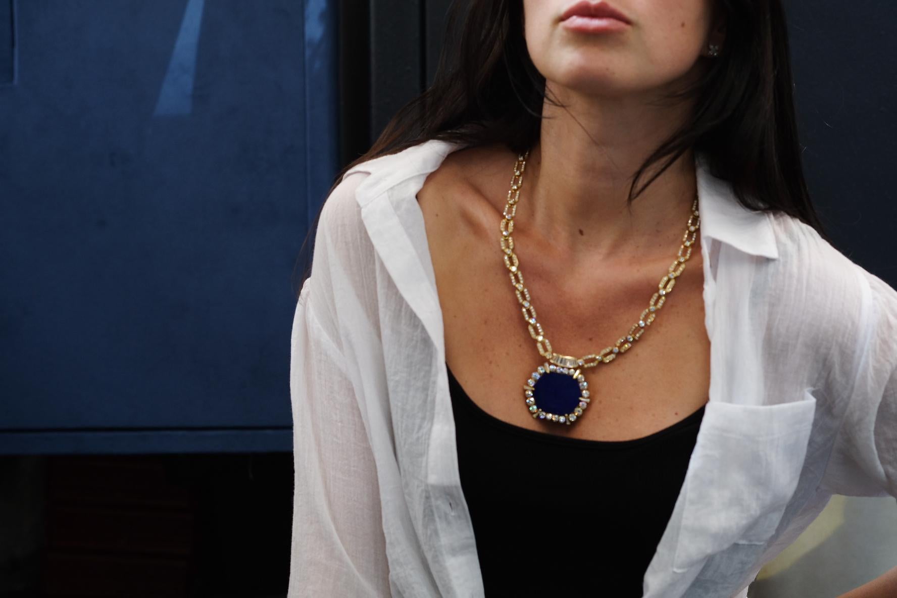 Estate Vintage 18K Yellow Gold 1970's Diamond Lapis Chain Necklace For Sale 4