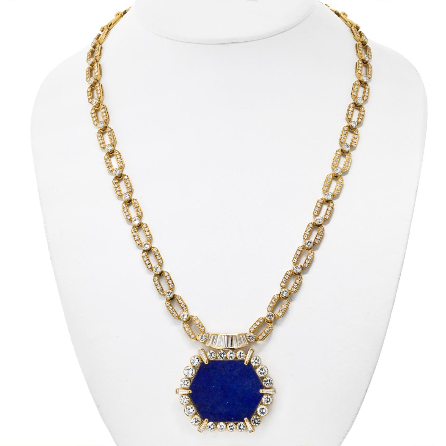 Introducing the 18K Yellow Gold 1970's Diamond Lapis Chain Necklace, an exquisite piece that captures the opulence and distinctive style of the era. Crafted circa 1970, this necklace is a stunning blend of luxurious materials and meticulous
