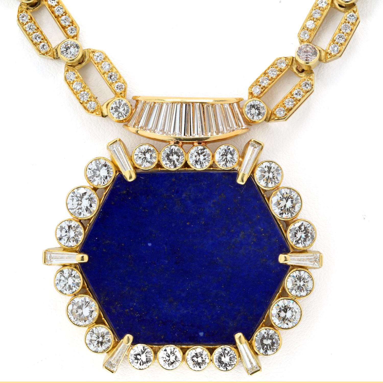 Round Cut Estate Vintage 18K Yellow Gold 1970's Diamond Lapis Chain Necklace For Sale