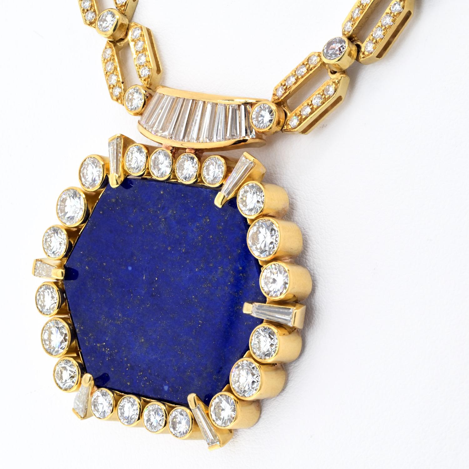 Estate Vintage 18K Yellow Gold 1970's Diamond Lapis Chain Necklace In Excellent Condition For Sale In New York, NY