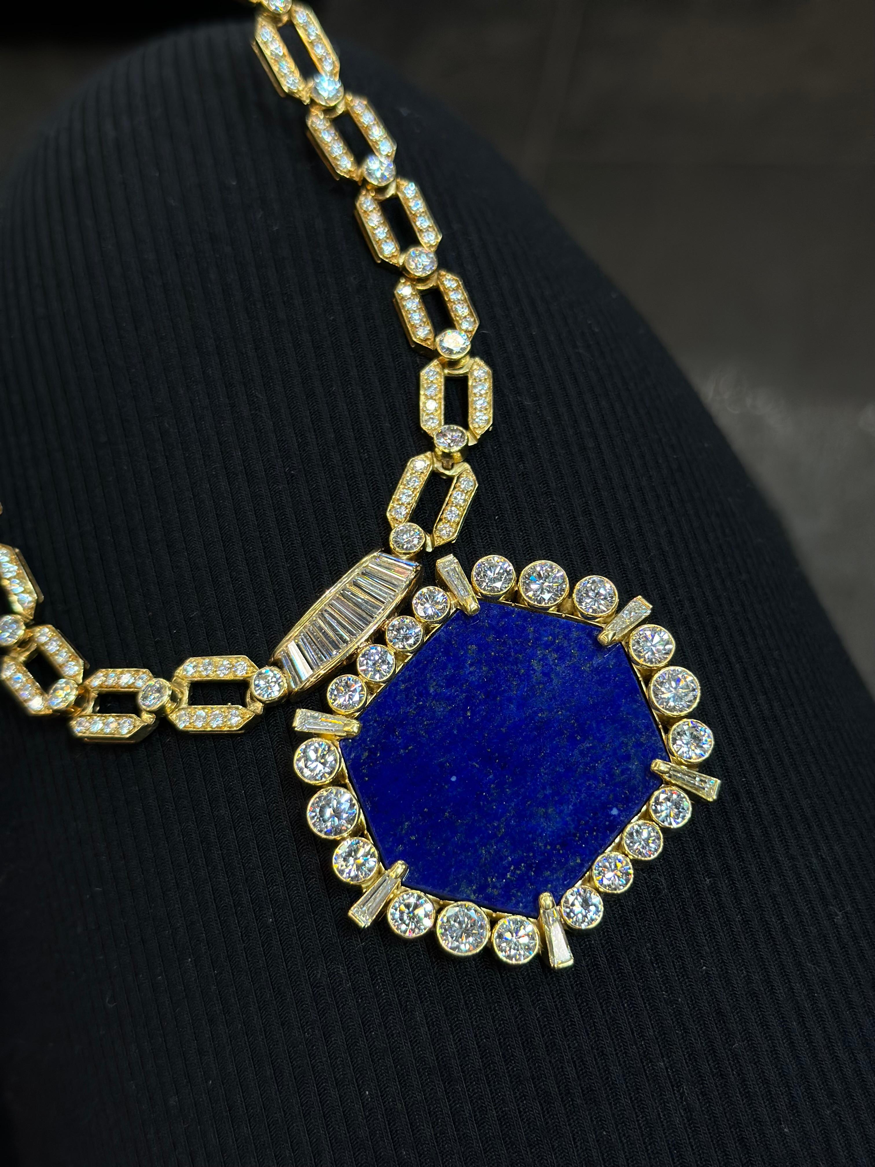 Estate Vintage 18K Yellow Gold 1970's Diamond Lapis Chain Necklace For Sale 1